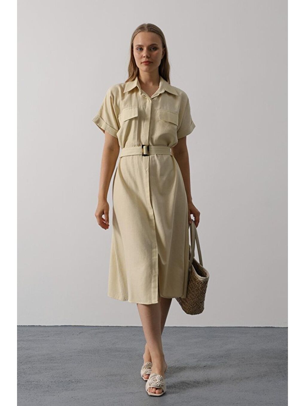 Kuşaklı Cep Detaylı Yarım Kol Elbise - Ekru