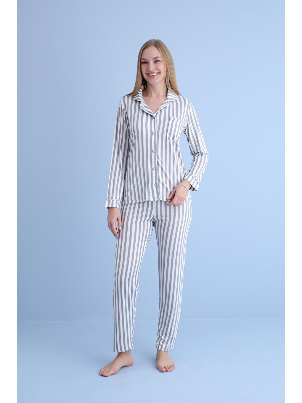 Kadın Milan Genç Önden Düğmeli Pijama Takımı | Gri 50905-1231