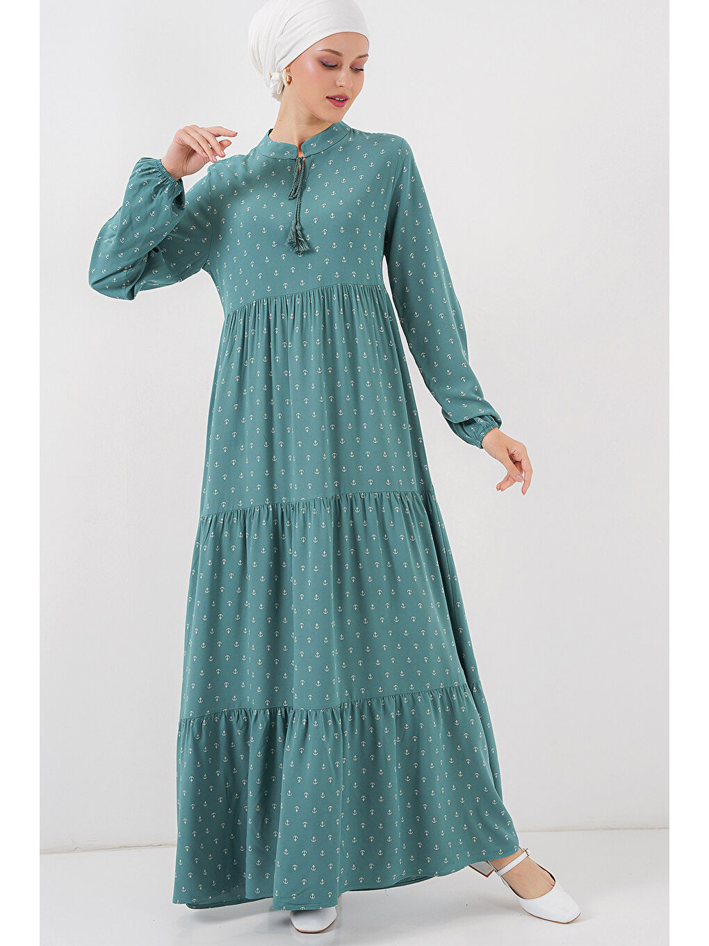 Yeşil 1627 Yaka Bağcıklı Tesettür Elbise - Mint