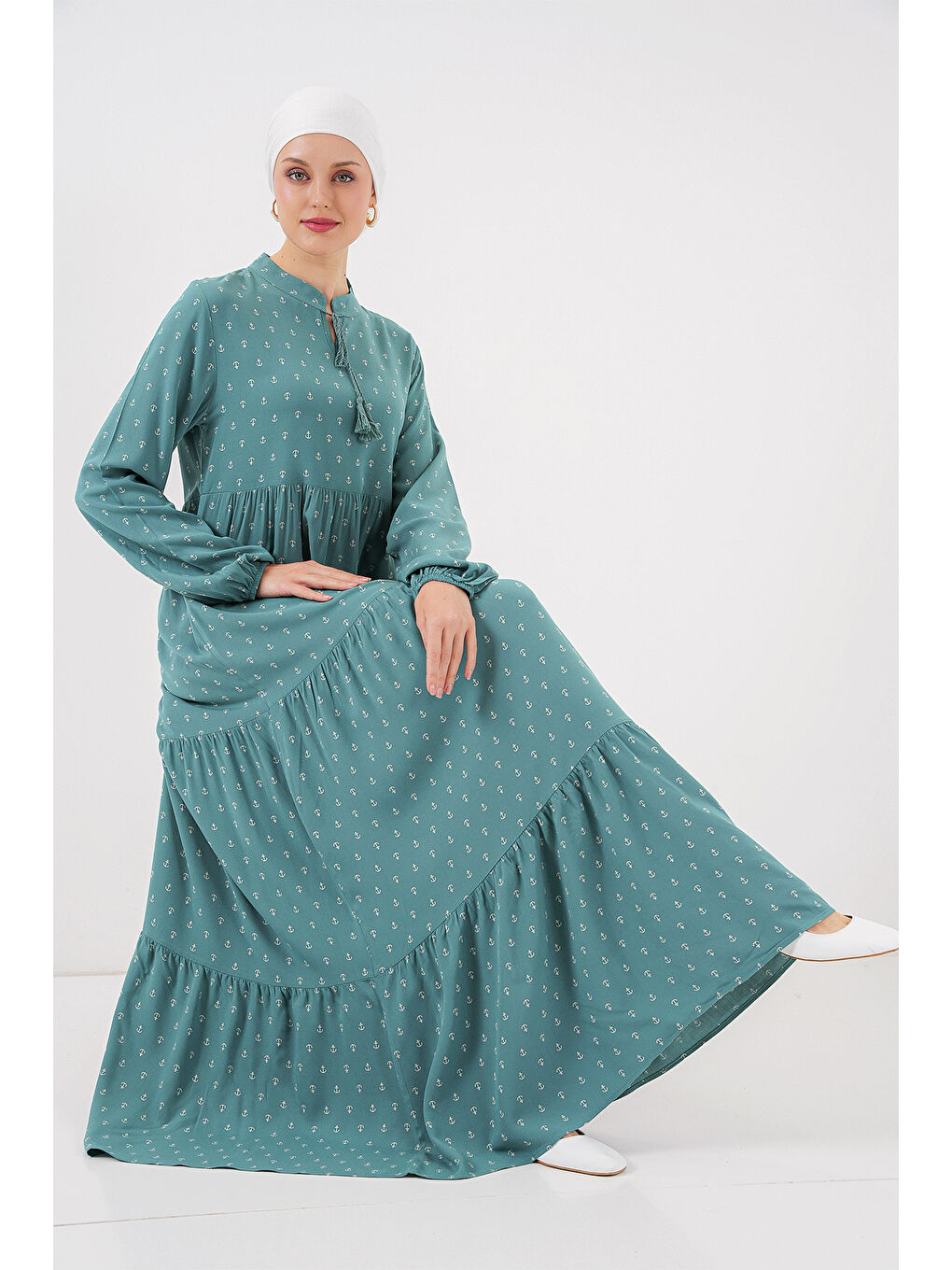Yeşil 1627 Yaka Bağcıklı Tesettür Elbise - Mint-1