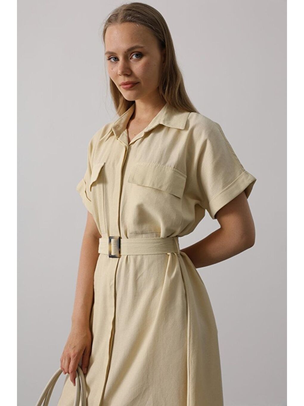 Kuşaklı Cep Detaylı Yarım Kol Elbise - Ekru-2