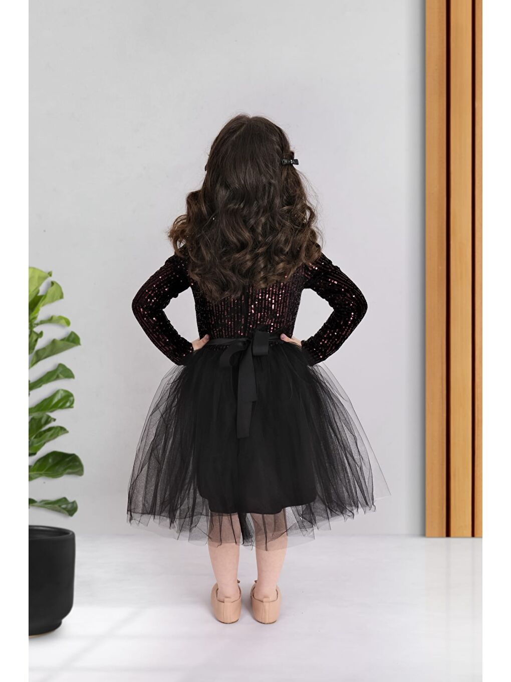 Bordo Pul Payetli Tütü Etekli Uzun Kol Kız Çocuk Elbise MNK0577-5