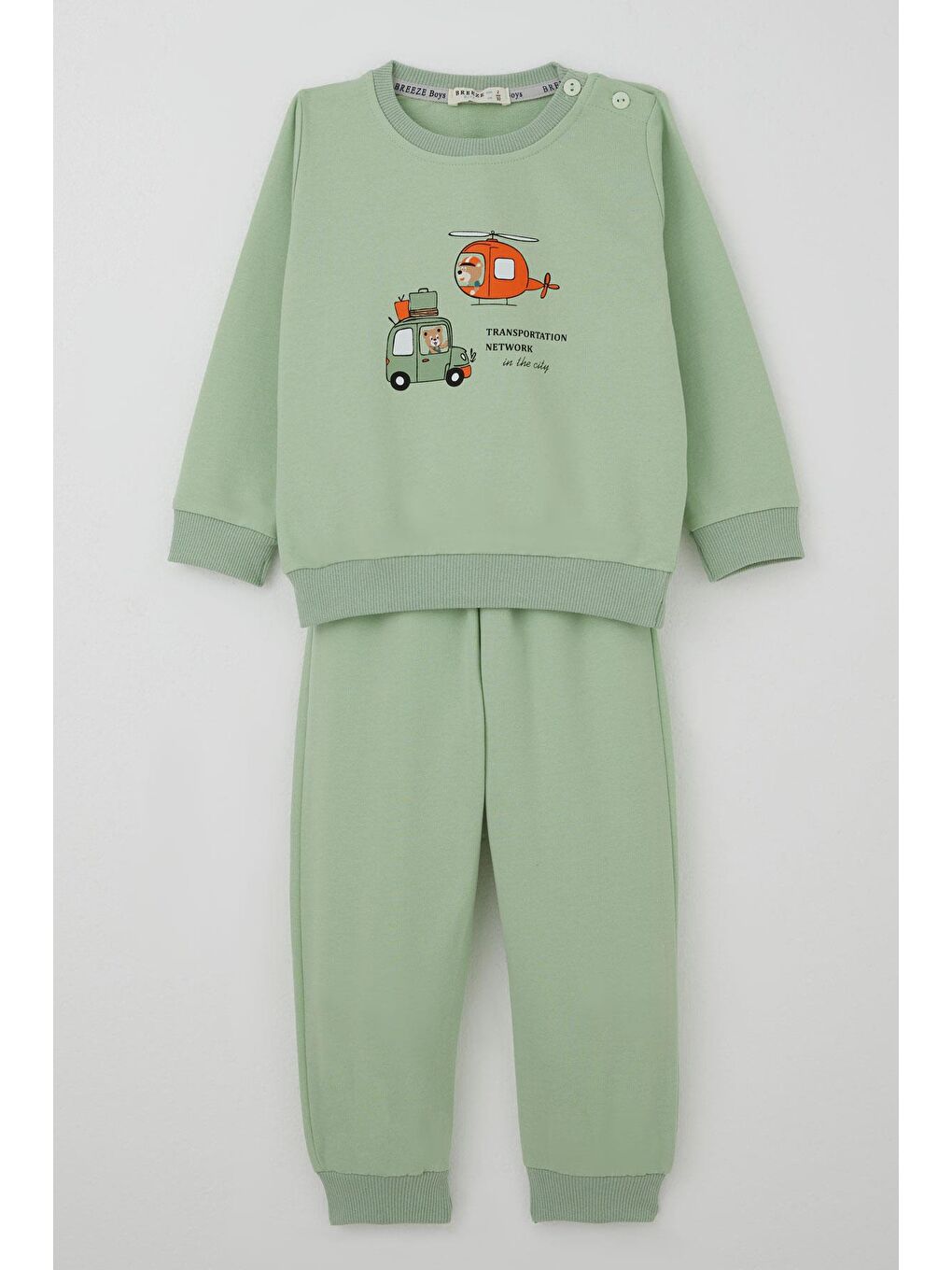 Erkek Bebek Eşofman Takımı Arabalı & Helikopterli Sevimli Ayıcık Fıstık Yeşili (6 Ay-2 Yaş)-1