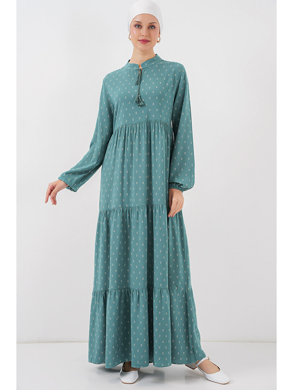 Yeşil 1627 Yaka Bağcıklı Tesettür Elbise - Mint-2