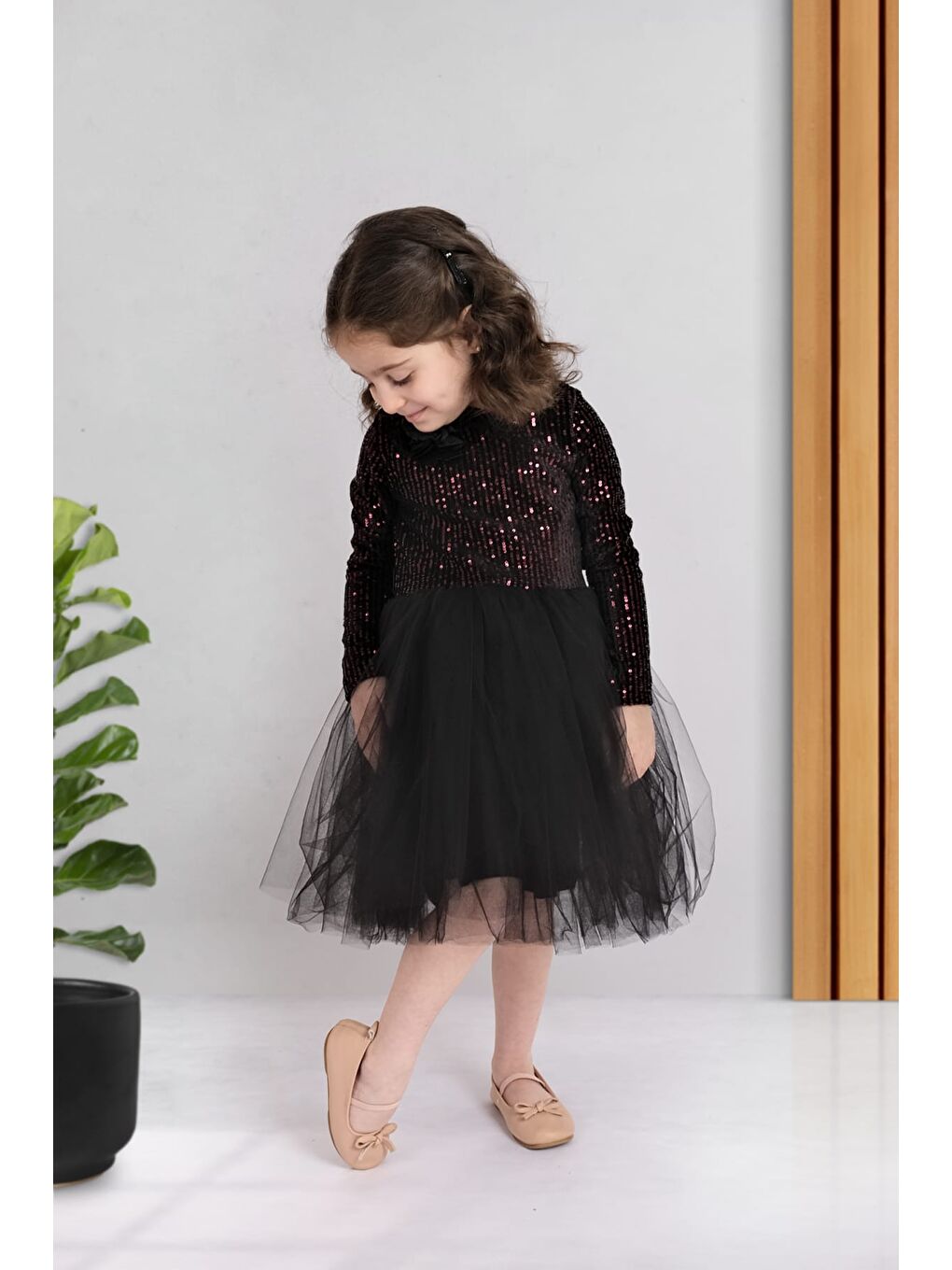 Bordo Pul Payetli Tütü Etekli Uzun Kol Kız Çocuk Elbise MNK0577-6