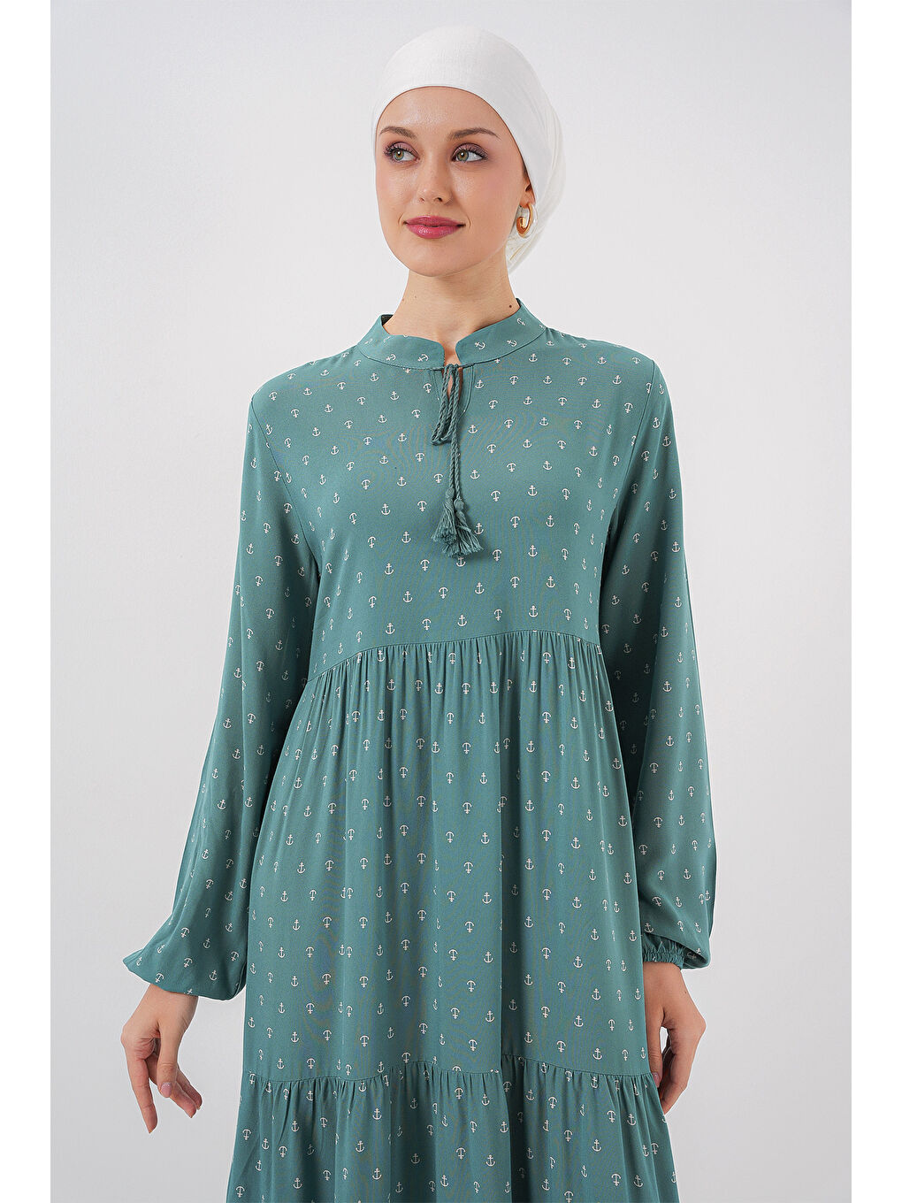 Yeşil 1627 Yaka Bağcıklı Tesettür Elbise - Mint-3