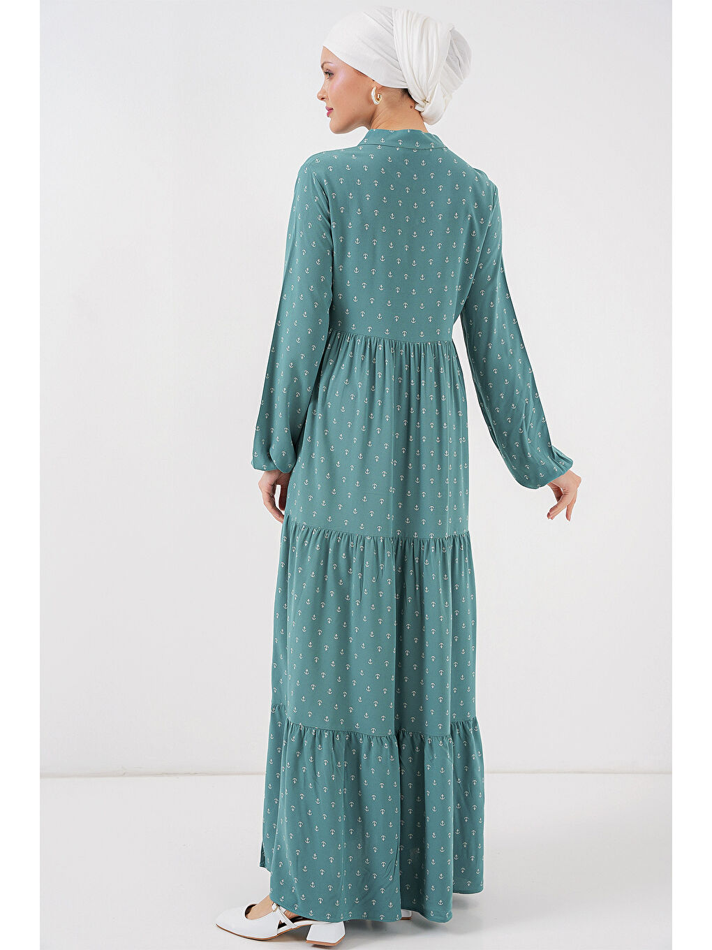 Yeşil 1627 Yaka Bağcıklı Tesettür Elbise - Mint-5