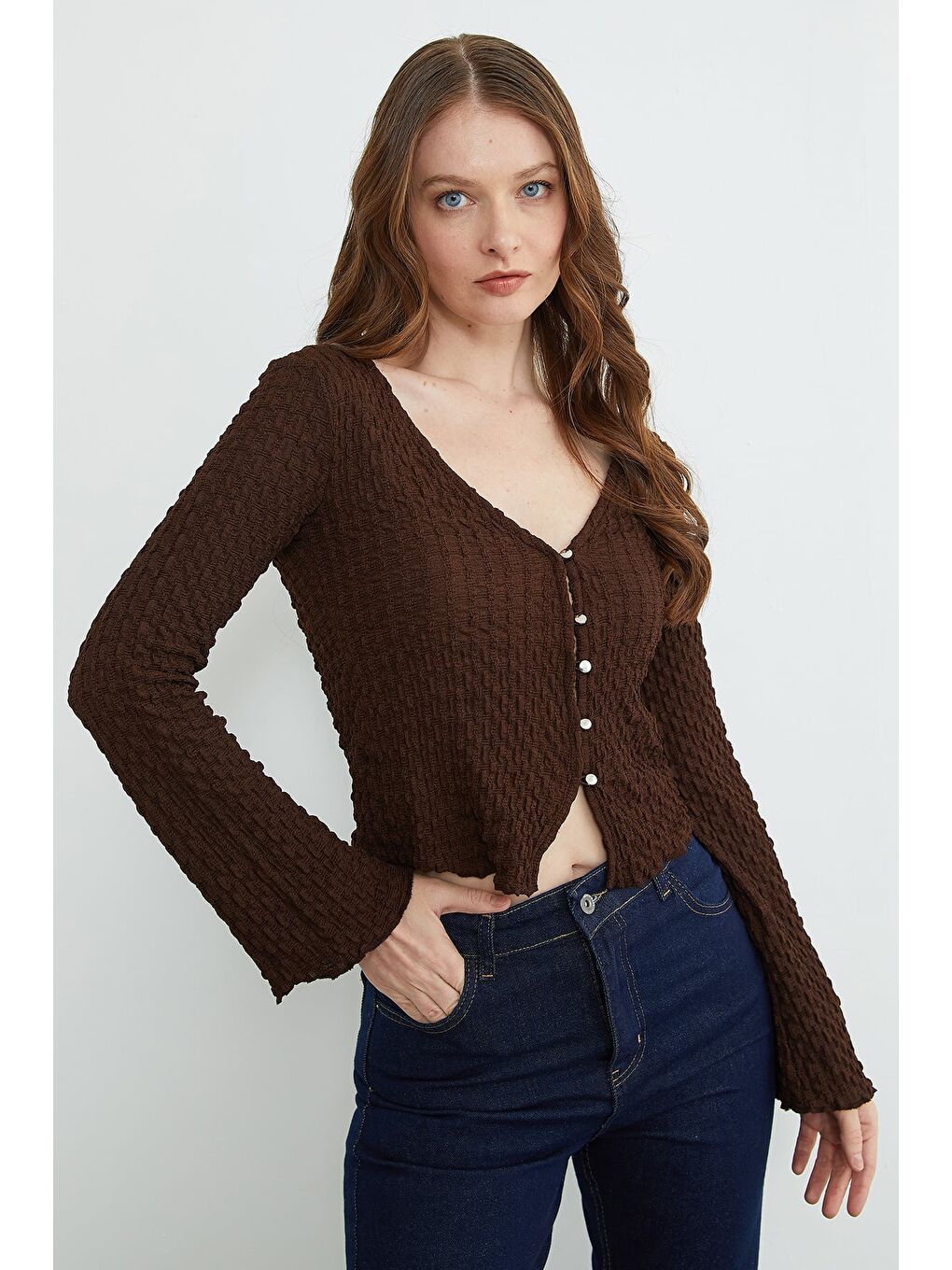 Kahverengi İspanyol Kol Bürümcük Kumaş Hırka