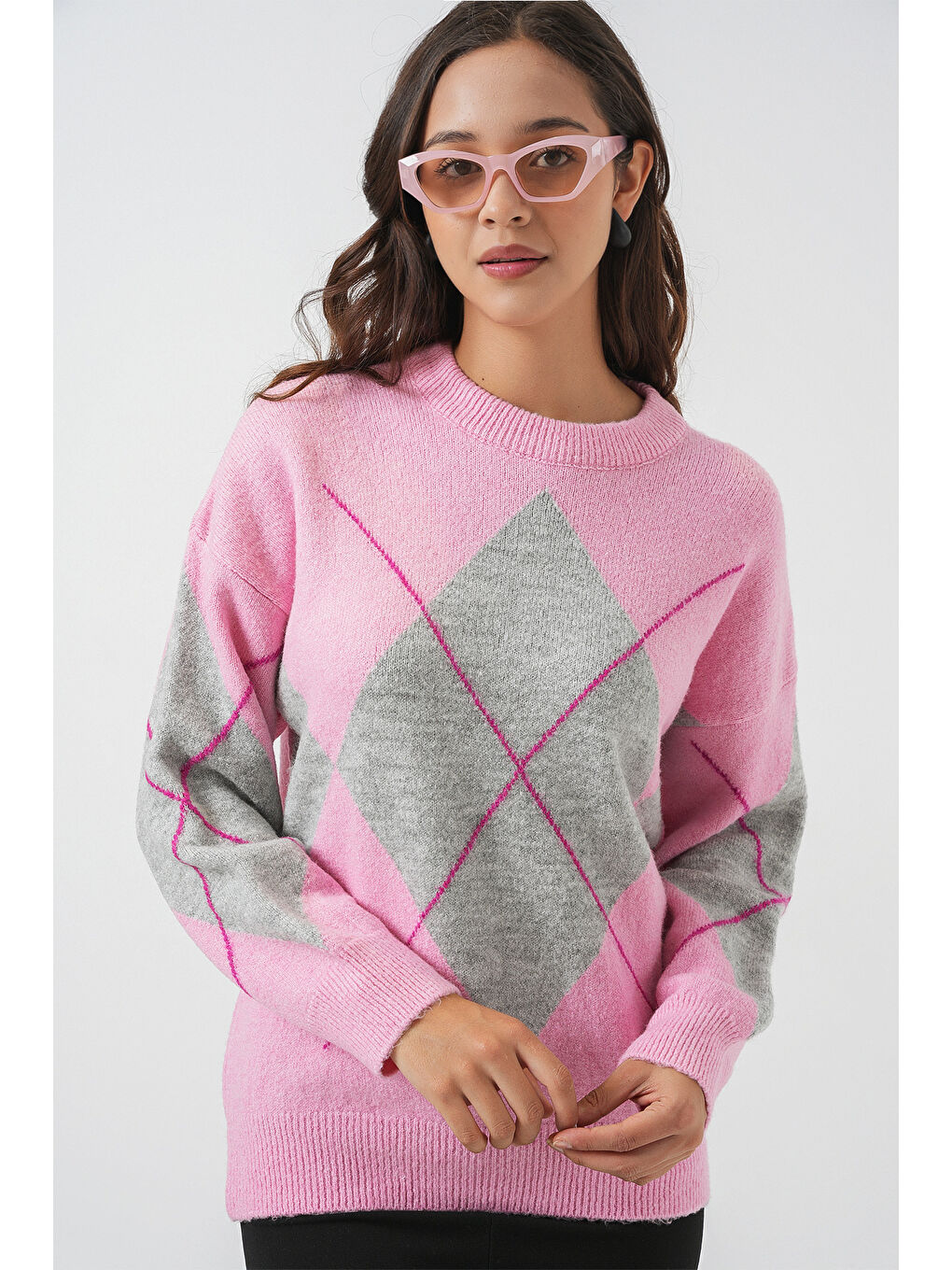 15895 Baklava Desenli Oversize Triko Kazak - Y.Pembe-2