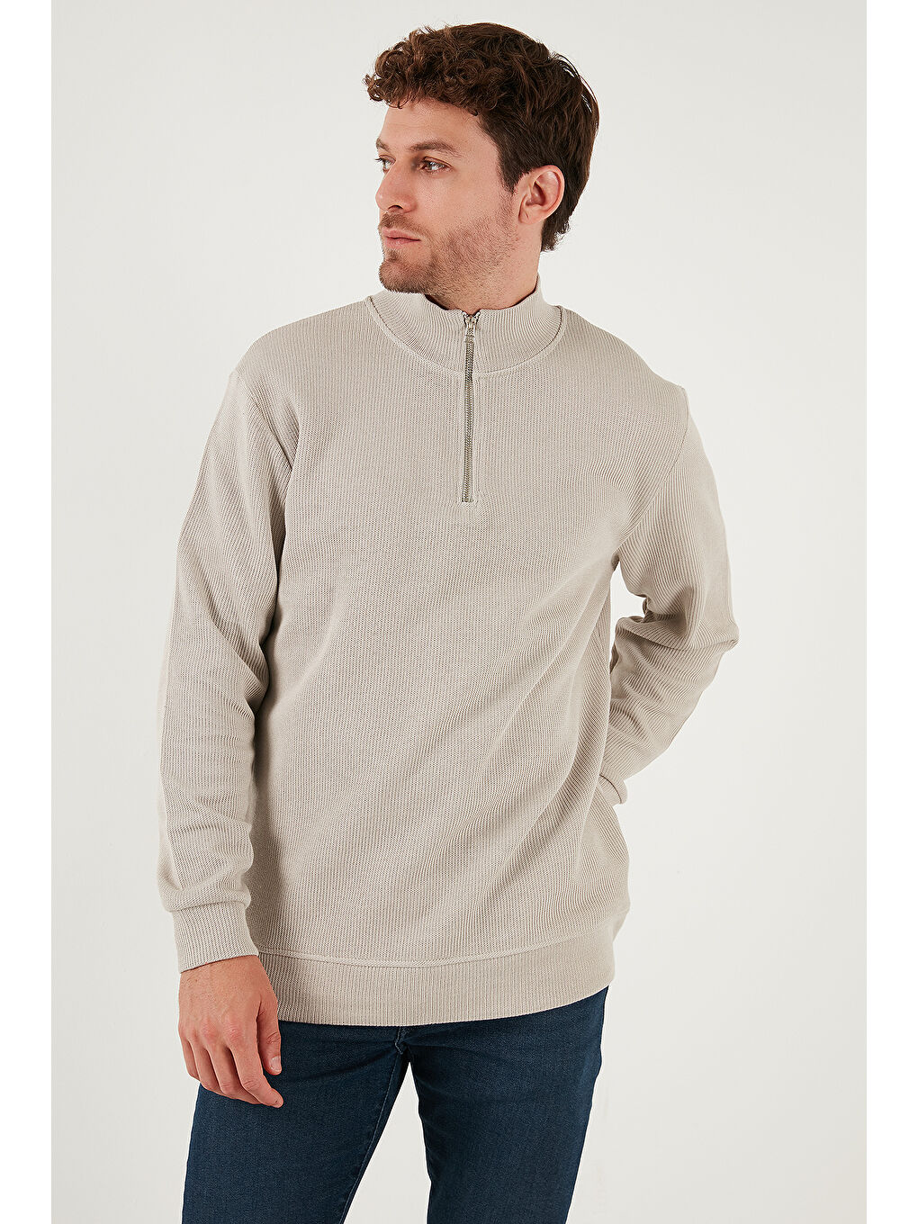 Bej Pamuklu Relaxed Fit Yarım Fermuarlı Sıfır Yaka Örme Sweat 5901076-3
