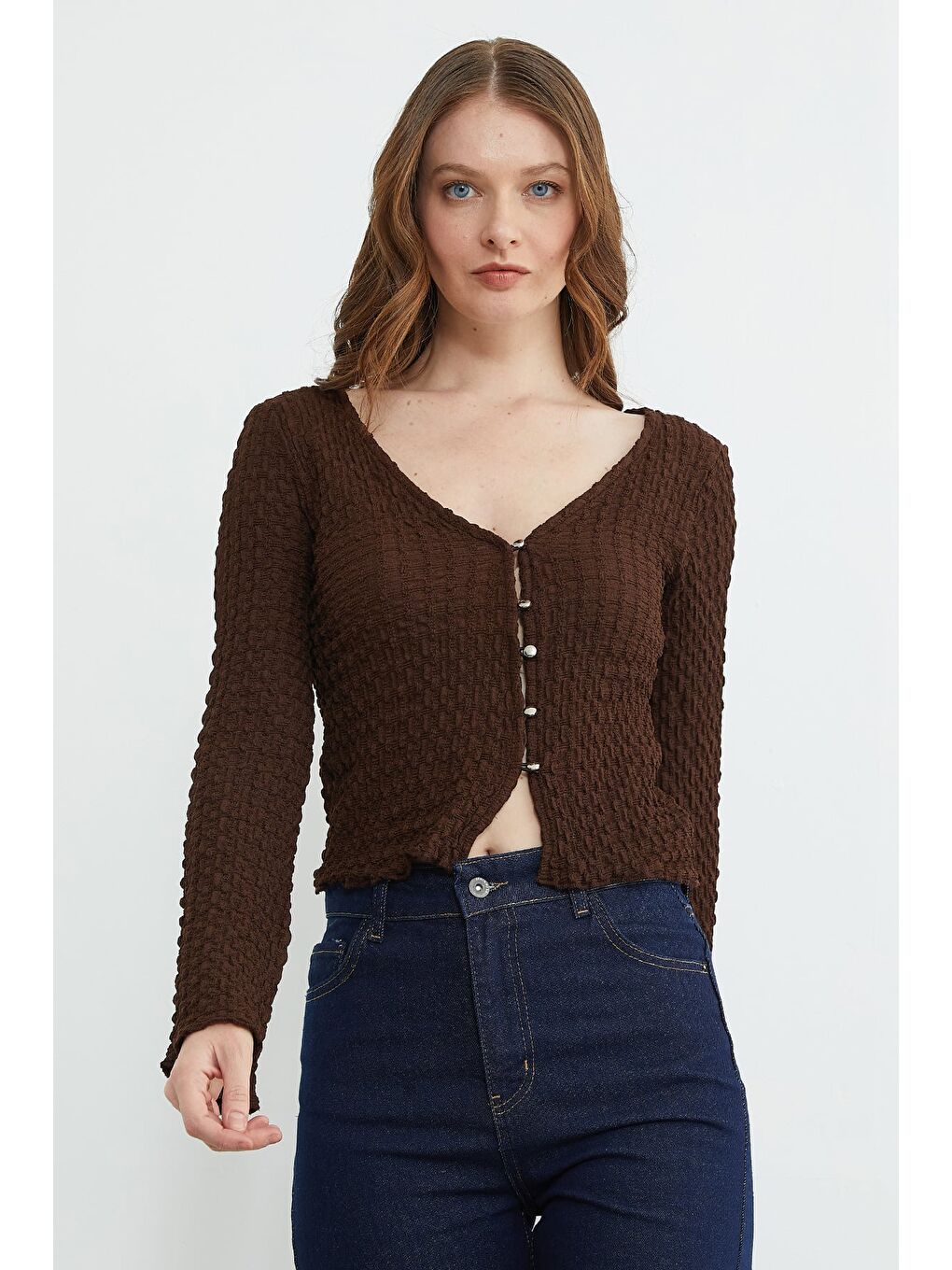 Kahverengi İspanyol Kol Bürümcük Kumaş Hırka-1