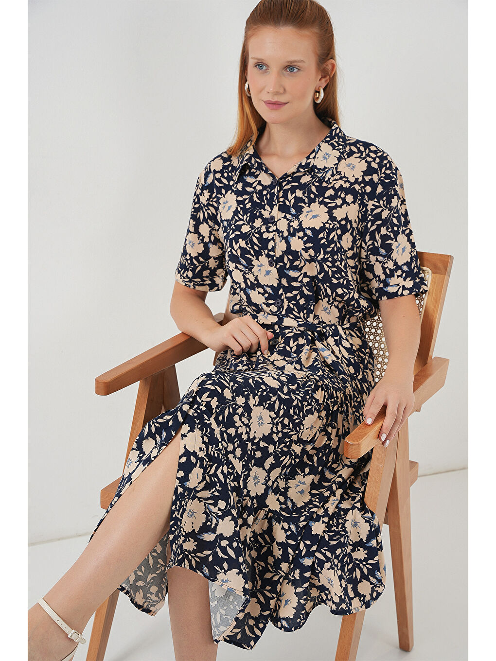 Kadın Kısa Kol Desenli Elbise 2560 - Lacivert-2