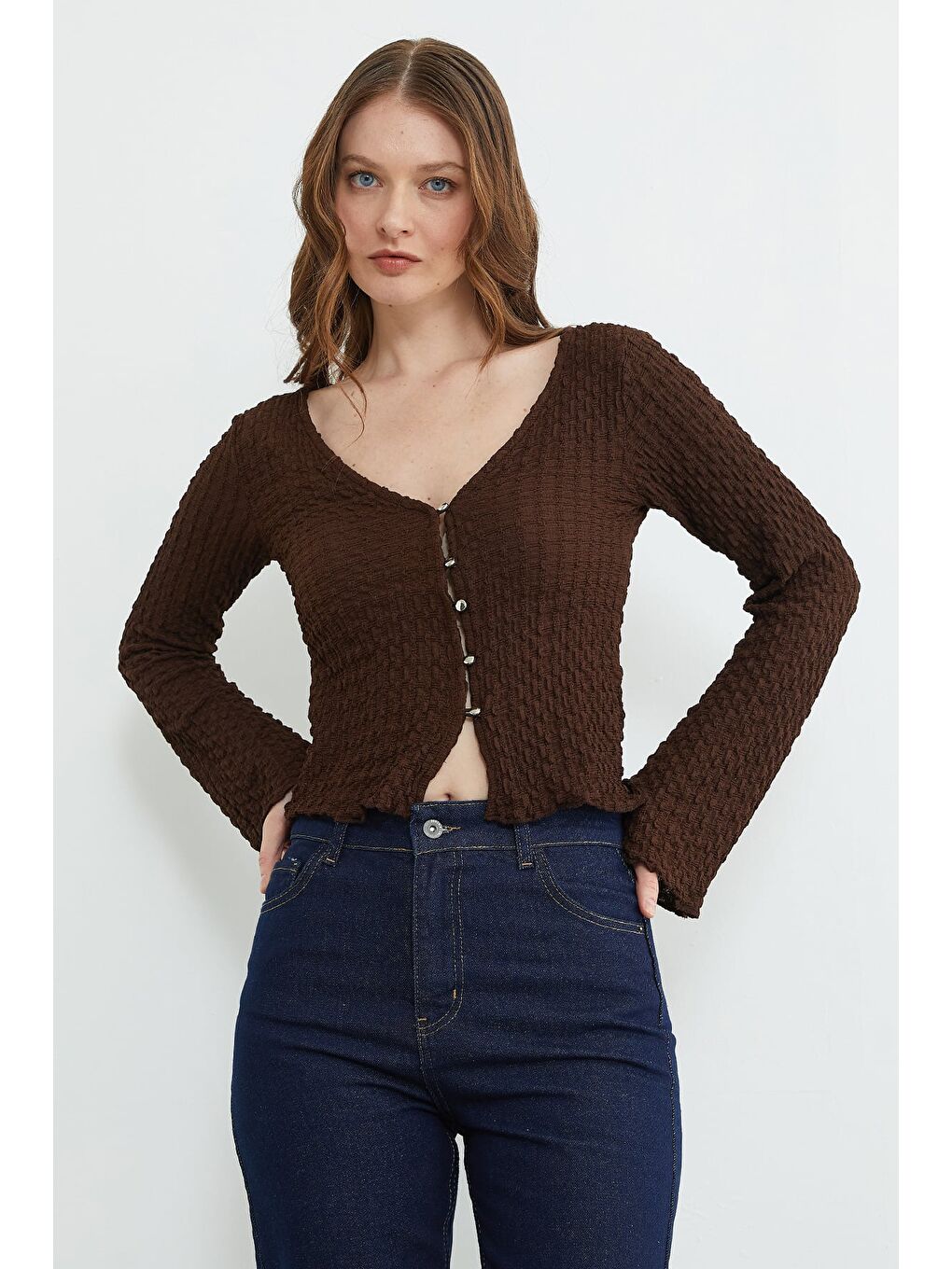 Kahverengi İspanyol Kol Bürümcük Kumaş Hırka-3