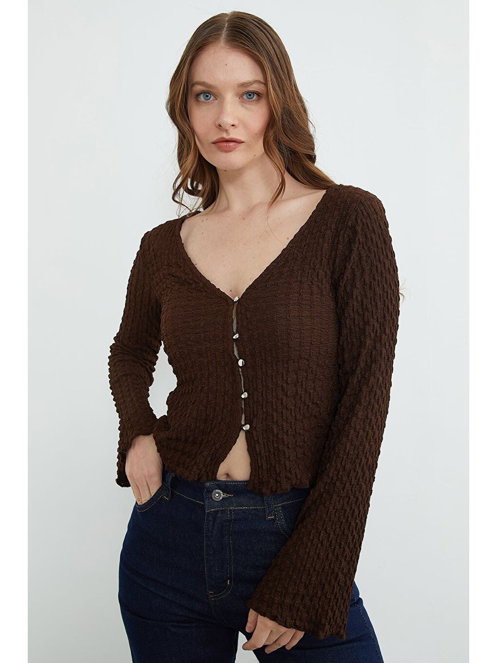 Kahverengi İspanyol Kol Bürümcük Kumaş Hırka-4