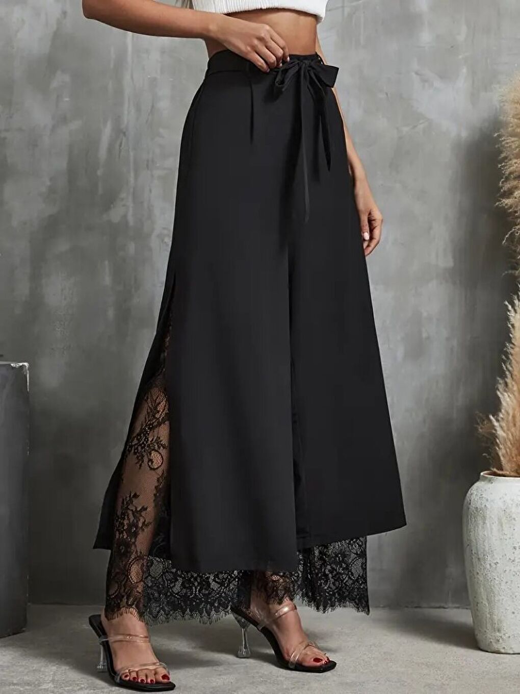 Siyah Kadın Yüksek Bel Belden Kuşaklı üst Dalgıç Alt Dantel Detaylı Dalgıç Pantolon-2
