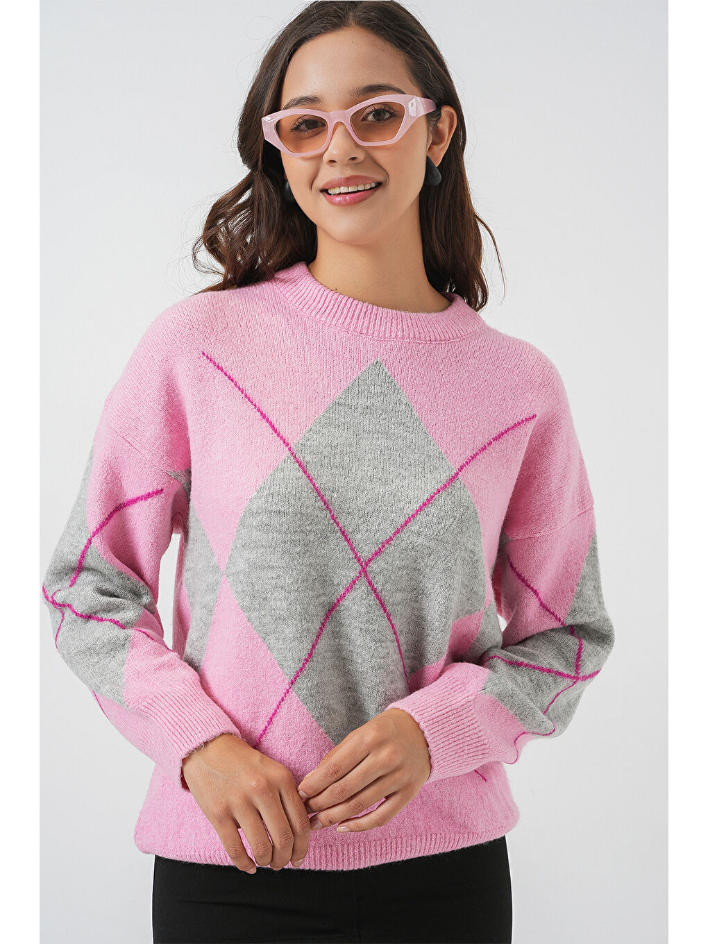 15895 Baklava Desenli Oversize Triko Kazak - Y.Pembe-3