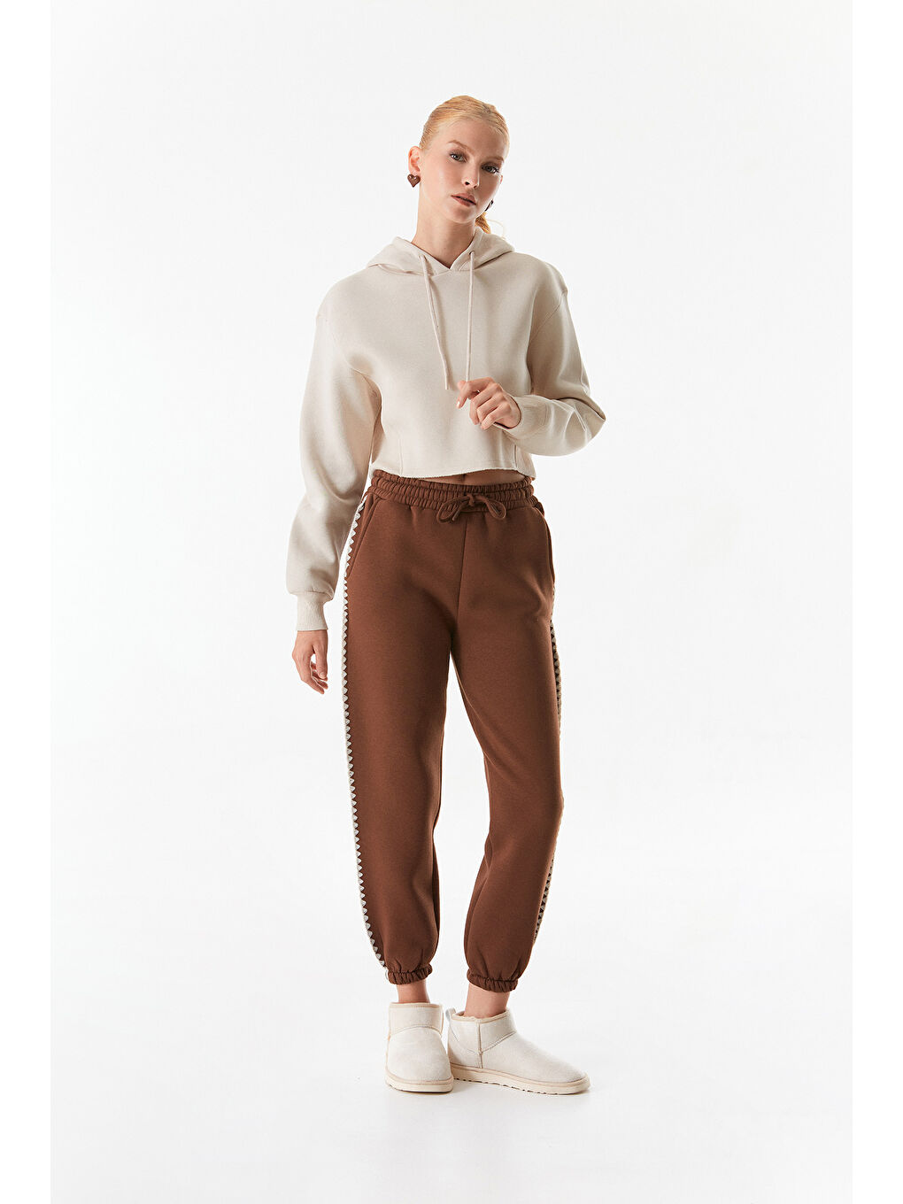 Fullamoda Bej Basic Kapüşonlu Crop Sweatshirt - 4