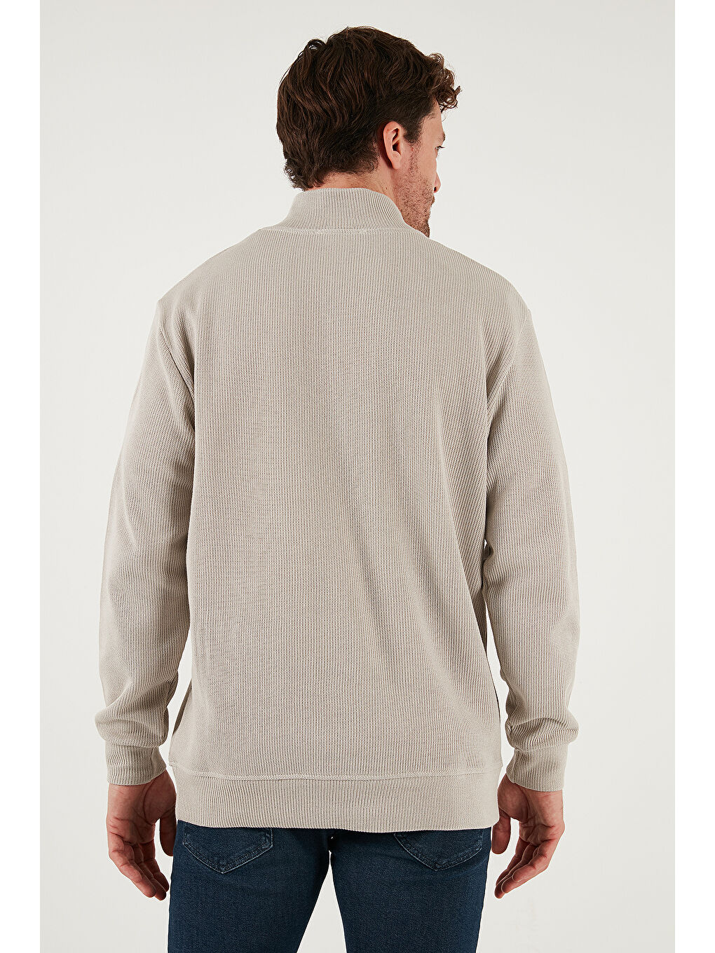 Bej Pamuklu Relaxed Fit Yarım Fermuarlı Sıfır Yaka Örme Sweat 5901076-4