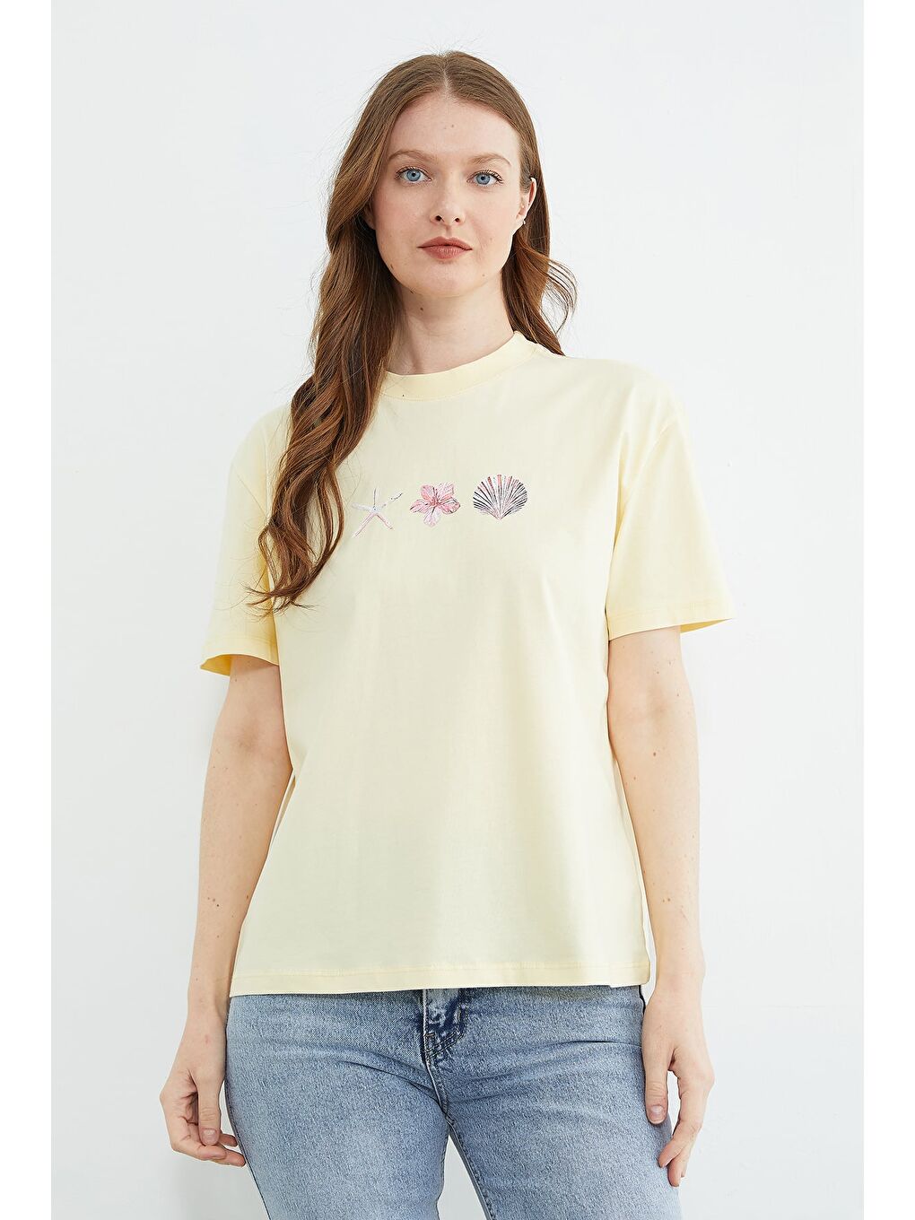 Sarı Baskılı Bisiklet Yaka Salaş Tişört-1