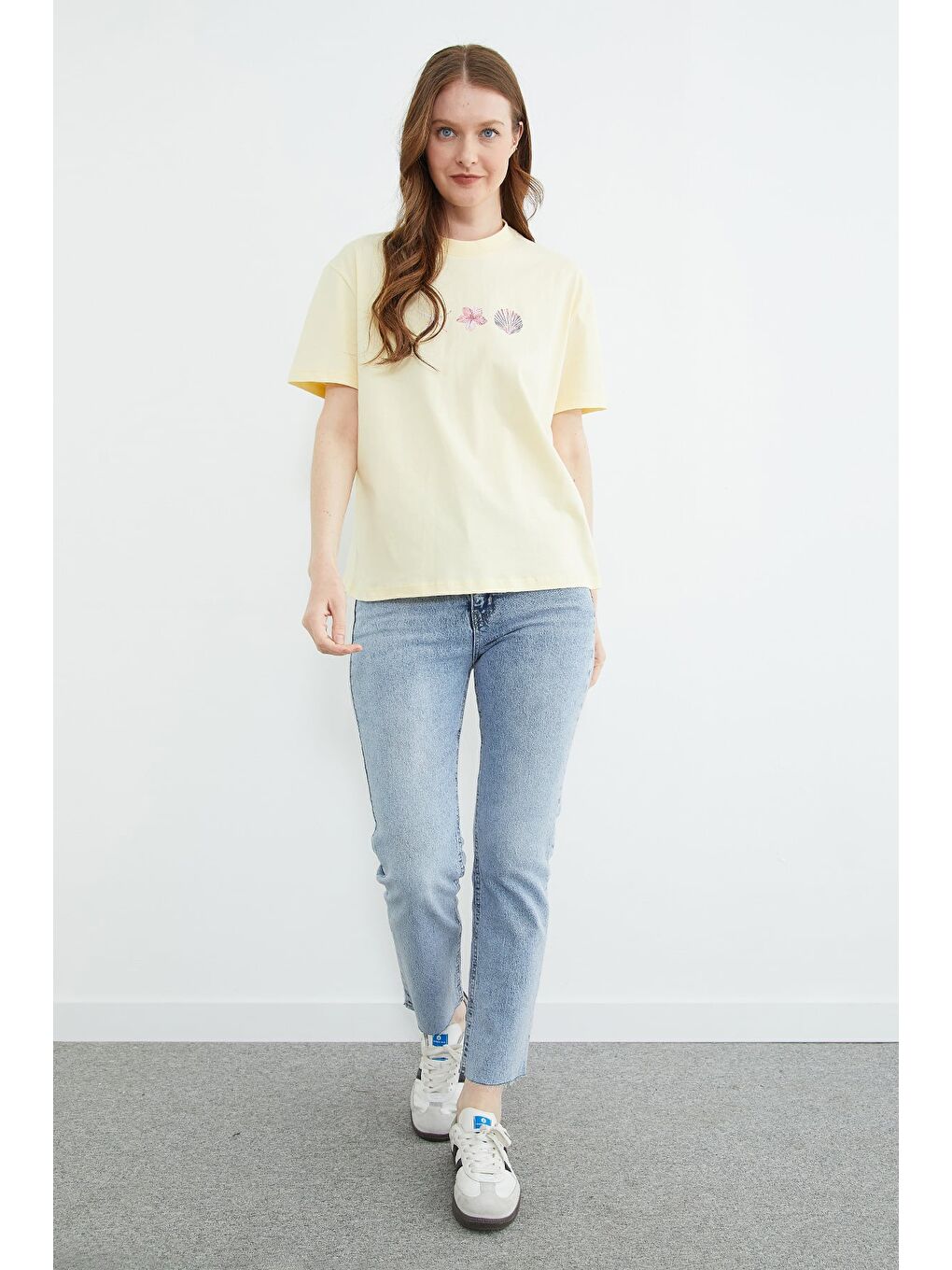 Sarı Baskılı Bisiklet Yaka Salaş Tişört-2