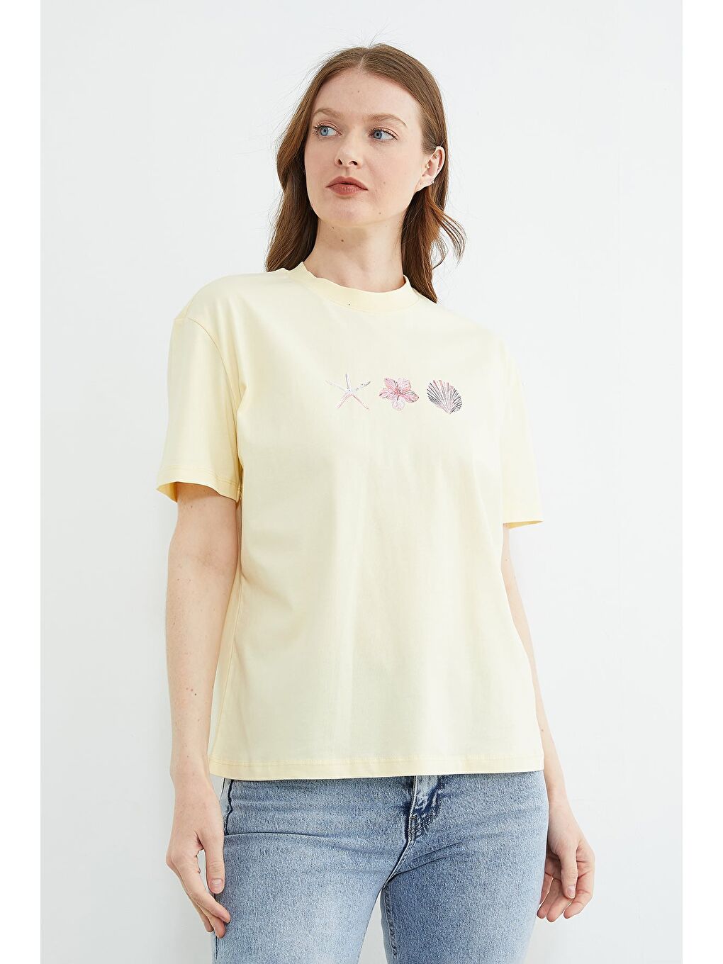 Sarı Baskılı Bisiklet Yaka Salaş Tişört-3