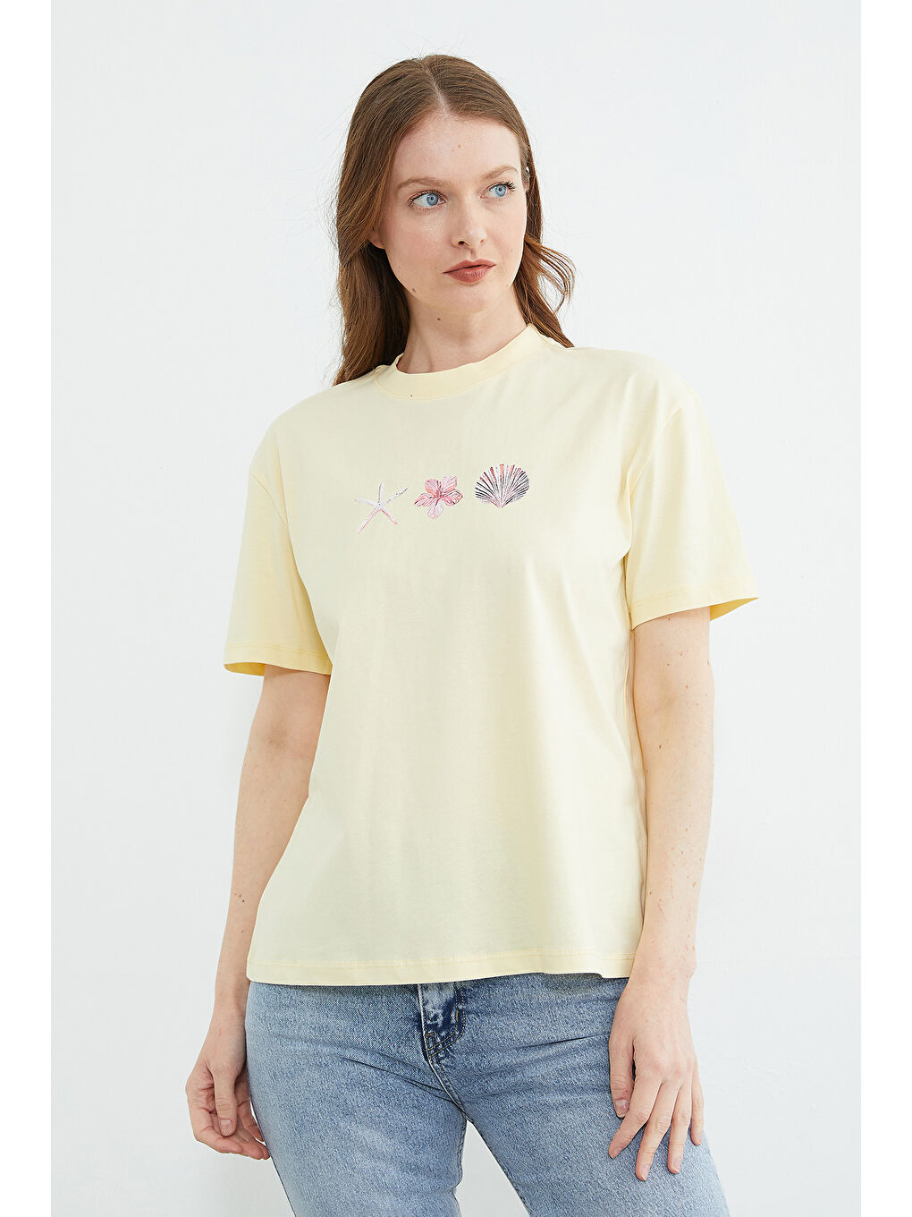 Sarı Baskılı Bisiklet Yaka Salaş Tişört-4