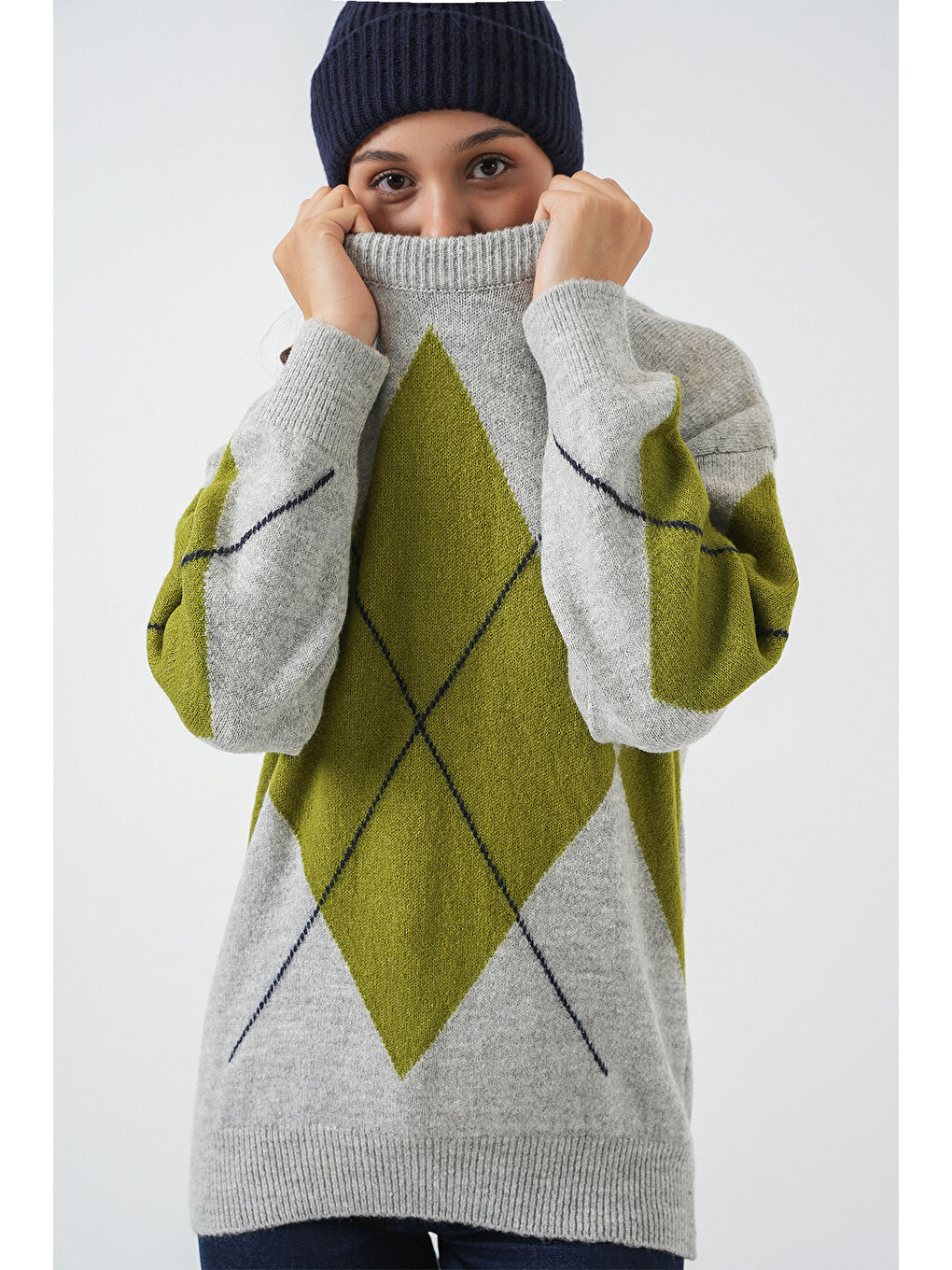 15895 Baklava Desenli Oversize Triko Kazak - C.Gri-2