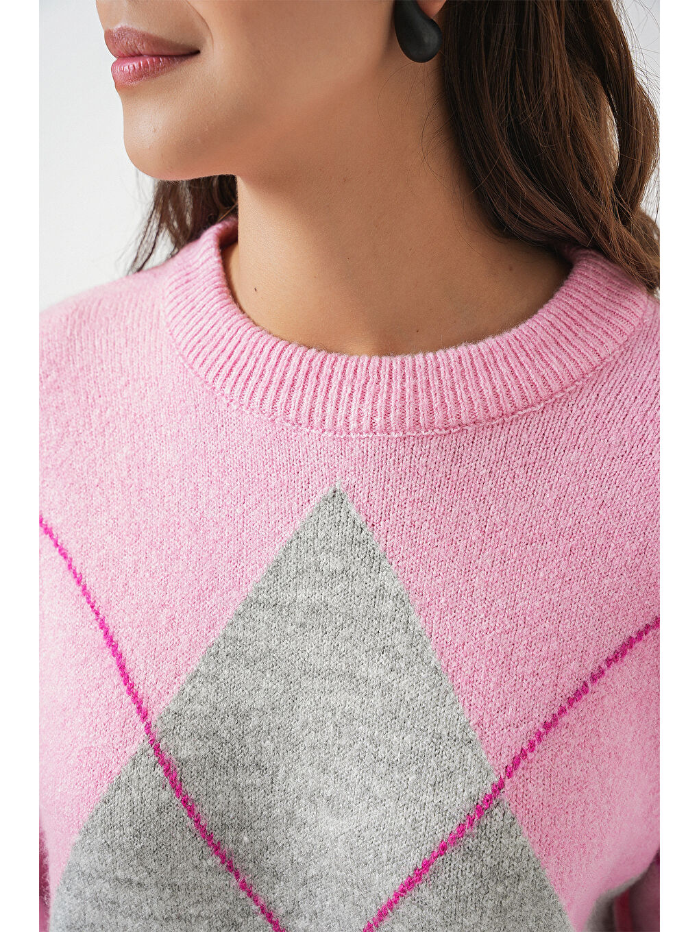 15895 Baklava Desenli Oversize Triko Kazak - Y.Pembe-4