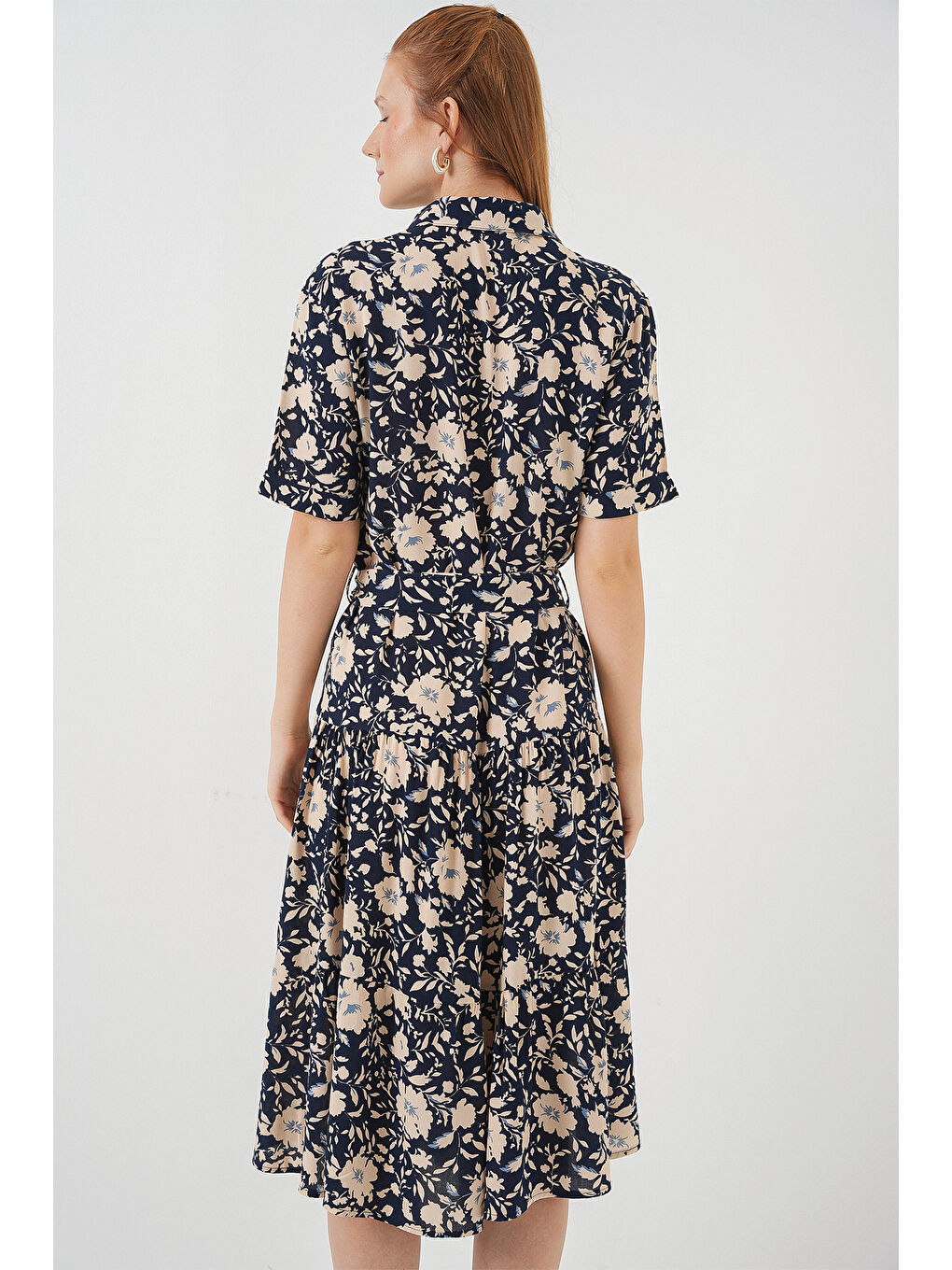 Kadın Kısa Kol Desenli Elbise 2560 - Lacivert-4