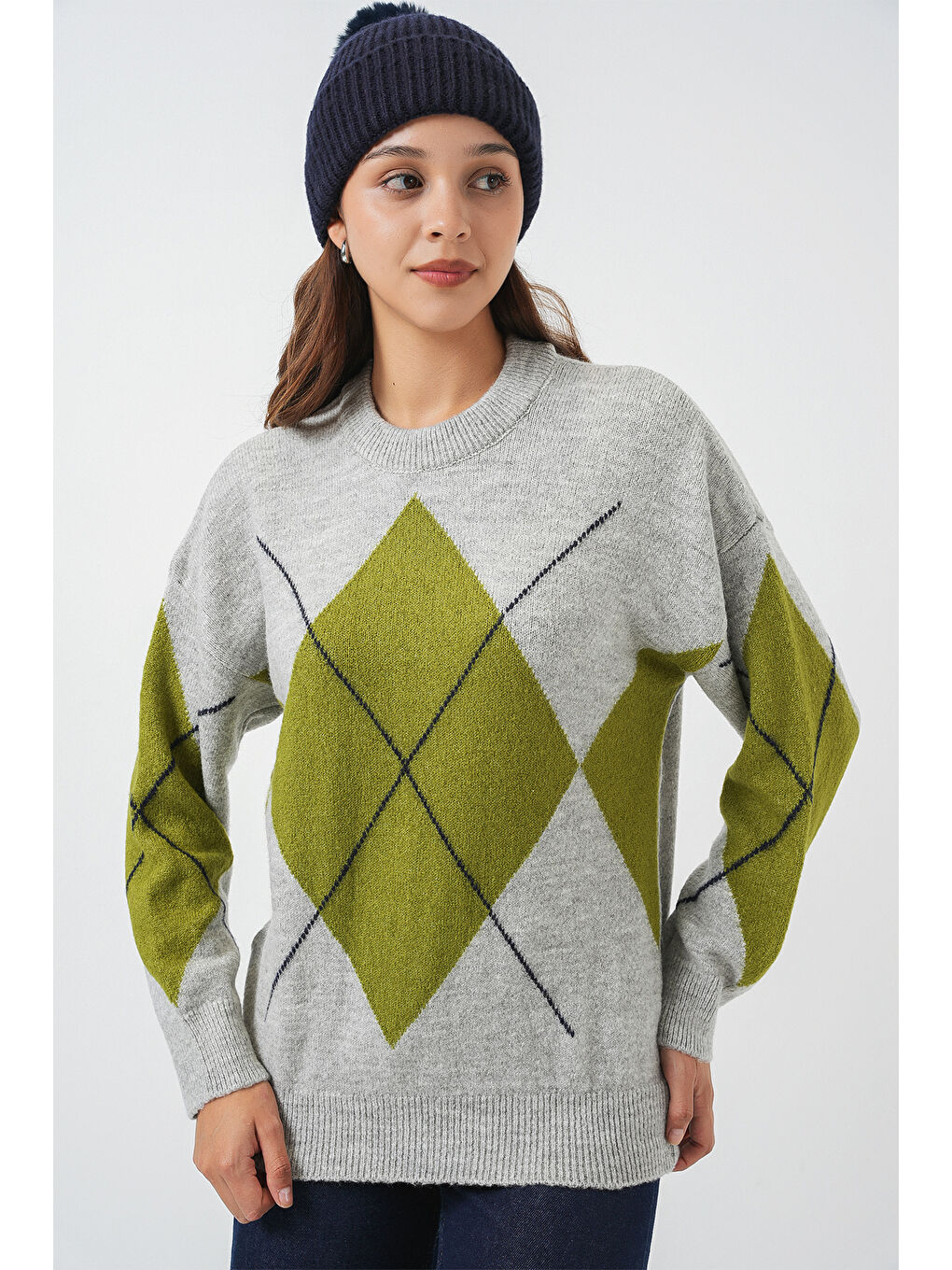 15895 Baklava Desenli Oversize Triko Kazak - C.Gri-3