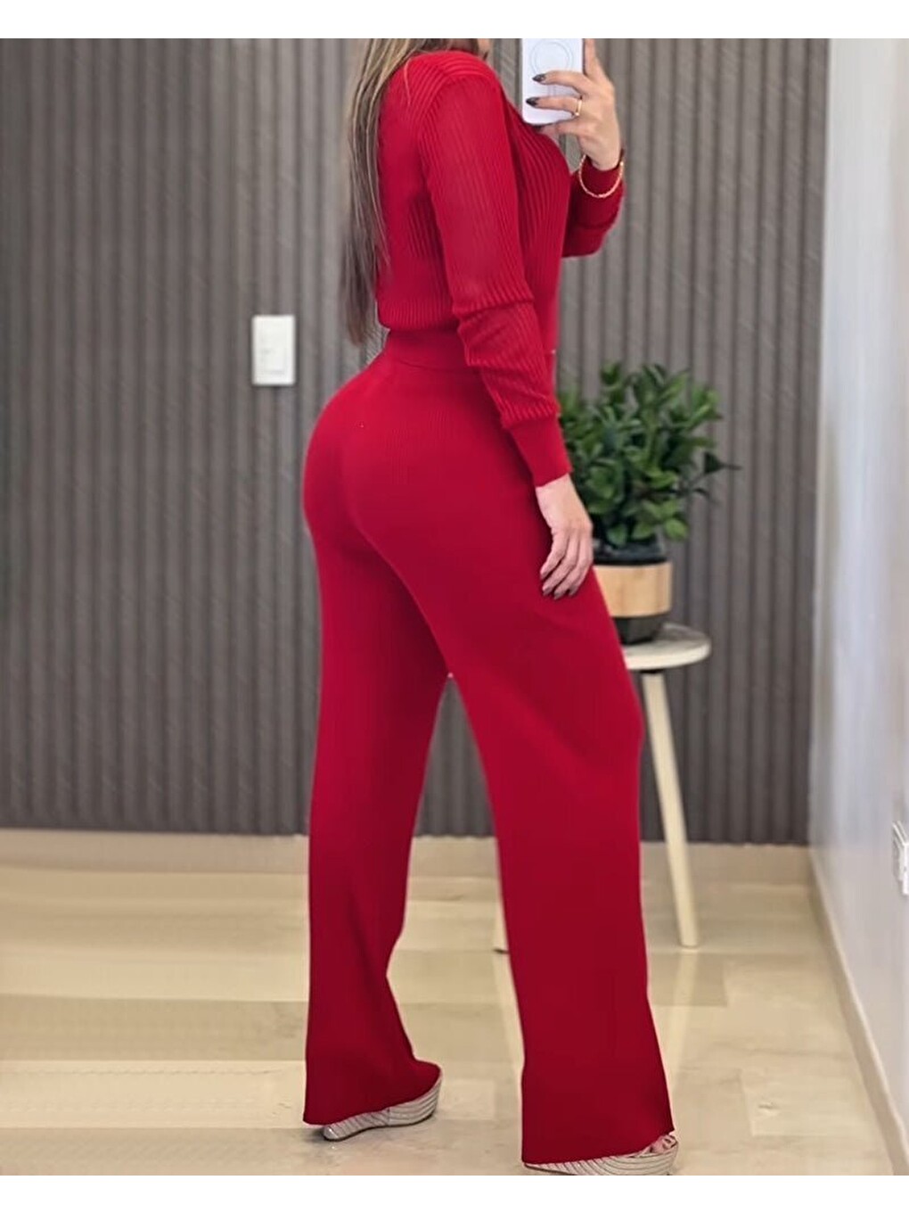 Kırmızı Kadın Uzun Kollu Yuvarlak Yaka Transparan Detaylı Triko Bluz Ve Pantolon Ikili Takım-1