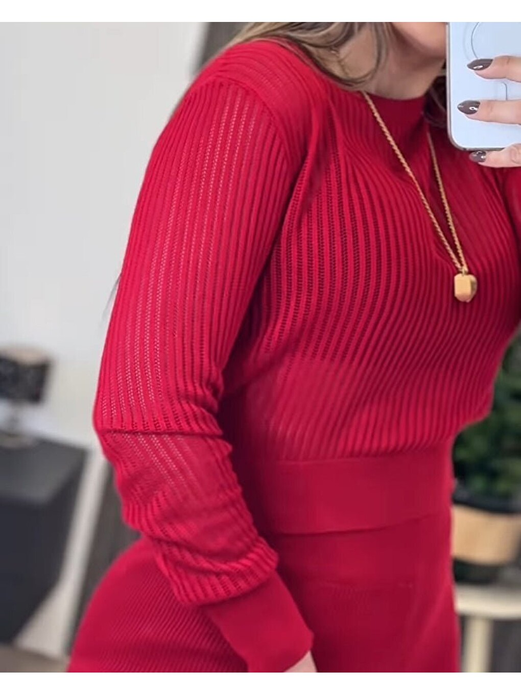 Kırmızı Kadın Uzun Kollu Yuvarlak Yaka Transparan Detaylı Triko Bluz Ve Pantolon Ikili Takım-2