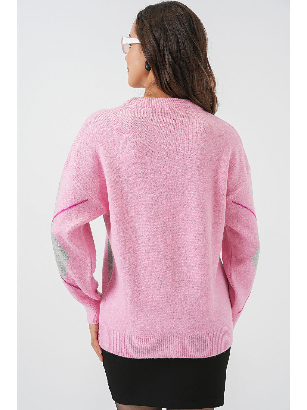 15895 Baklava Desenli Oversize Triko Kazak - Y.Pembe-5