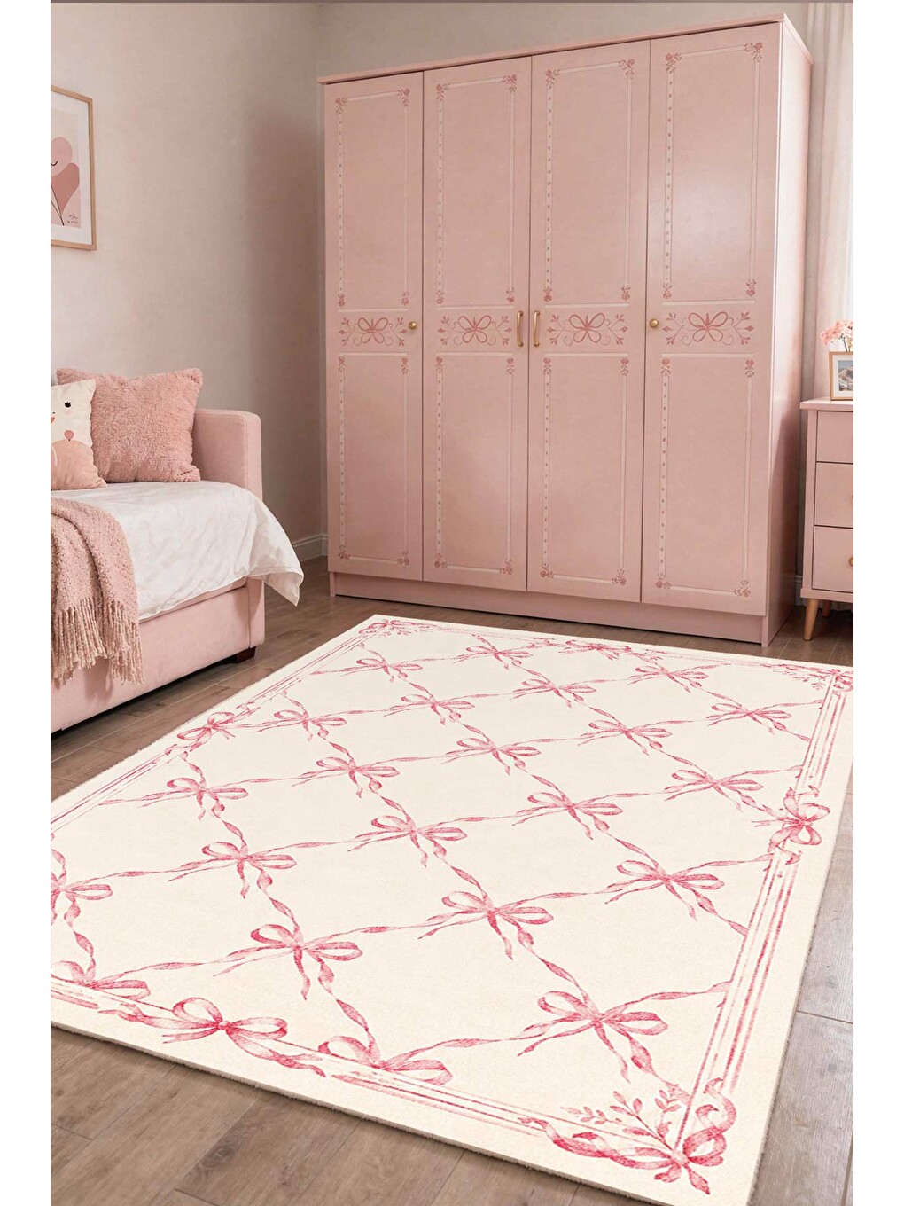 Pembe Modern Çocuk Halısı Kaymaz Tabanlı Makinede Yıkanabilir Çocuk Odası Halısı-1