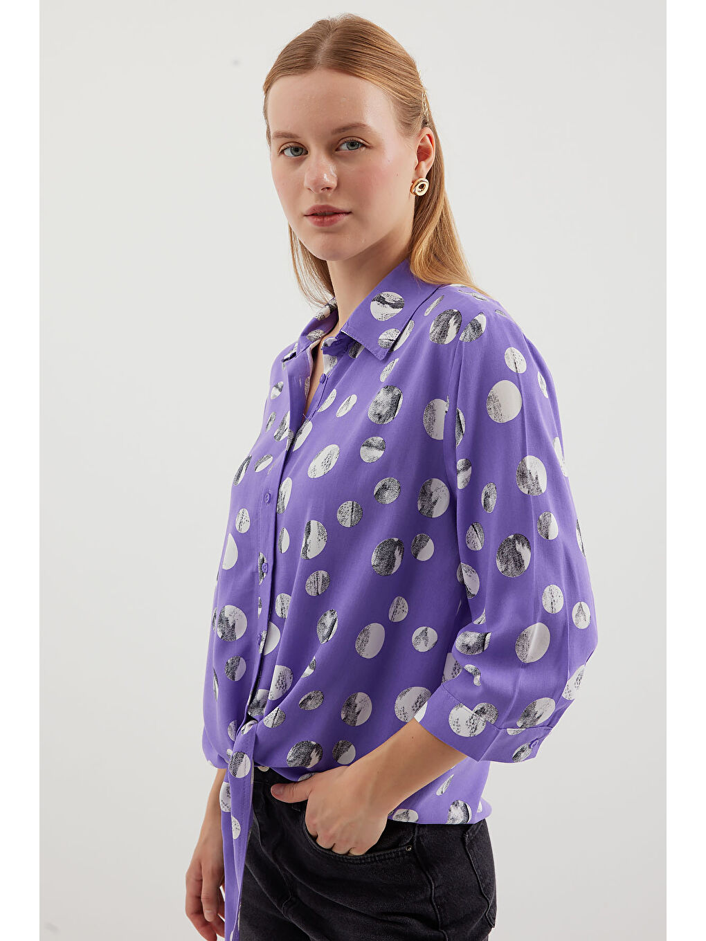20243 Önü Bağlamalı Desenli Gömlek - Lila-2