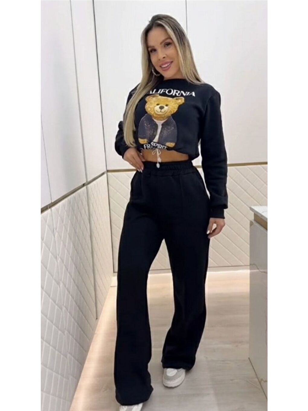 Siyah Kadın Uzun Kollu Bisiklet Yaka Desenli Iki Iplik şardonlu Bluz Ve Pantolon Ikili Takım