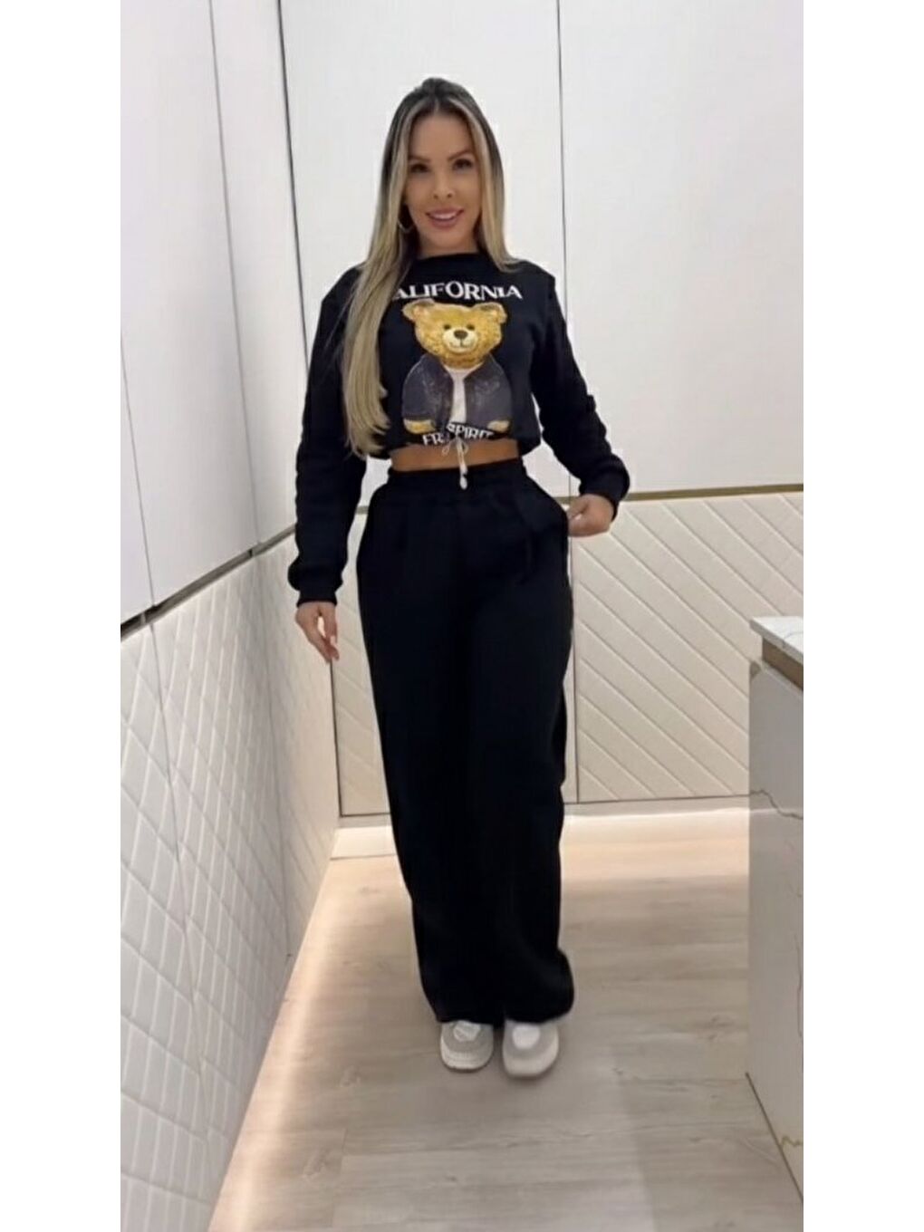 Siyah Kadın Uzun Kollu Bisiklet Yaka Desenli Iki Iplik şardonlu Bluz Ve Pantolon Ikili Takım-1