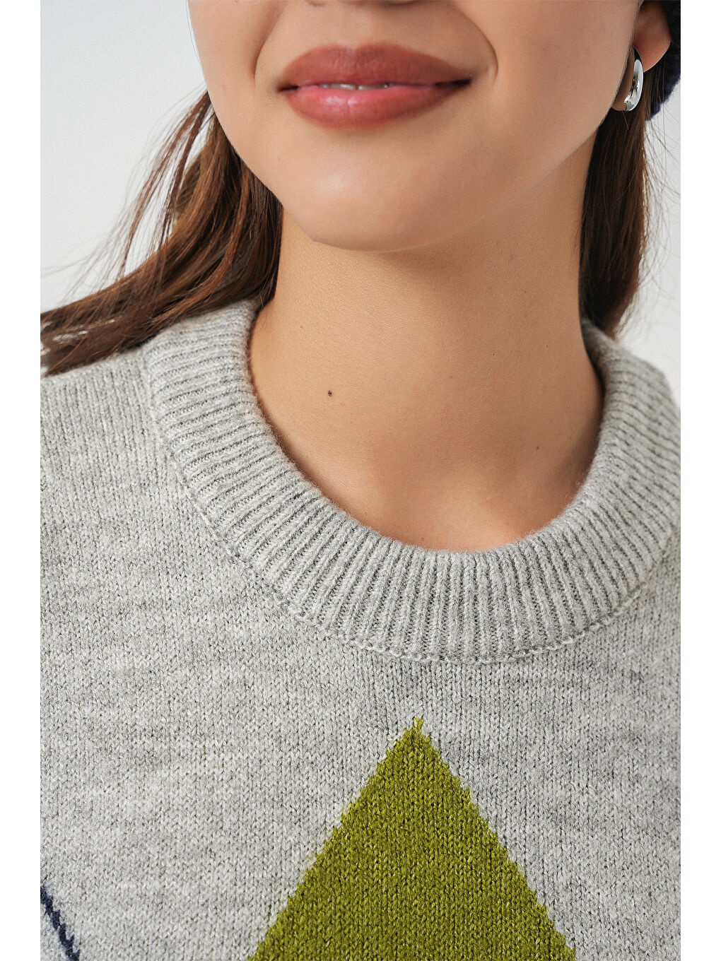 15895 Baklava Desenli Oversize Triko Kazak - C.Gri-4