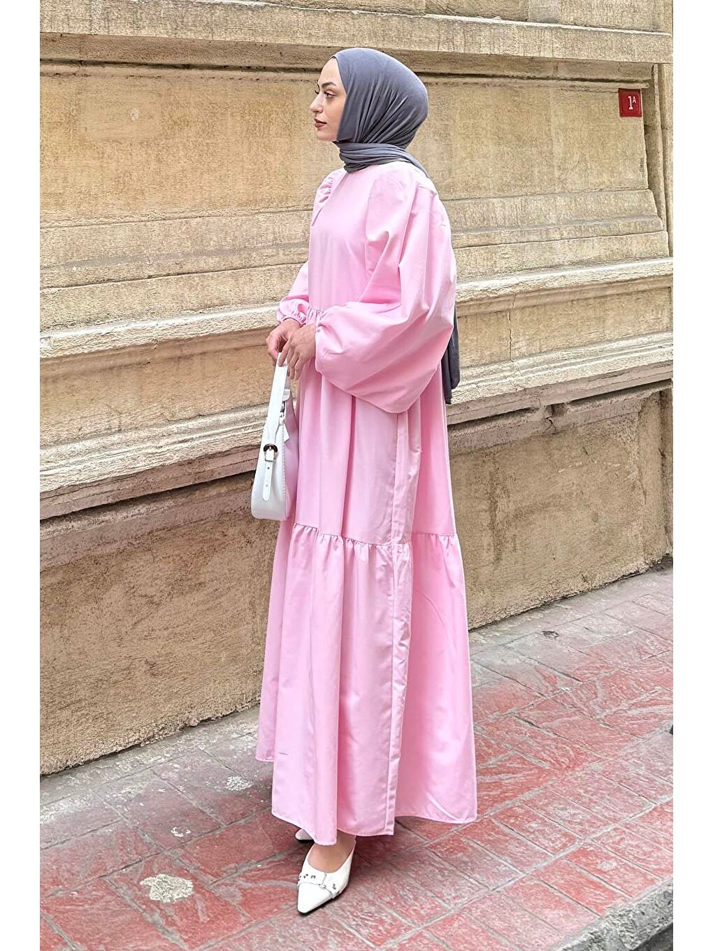 Balon Kol Katlı Yazlık Elbise Şeker Pembesi-1