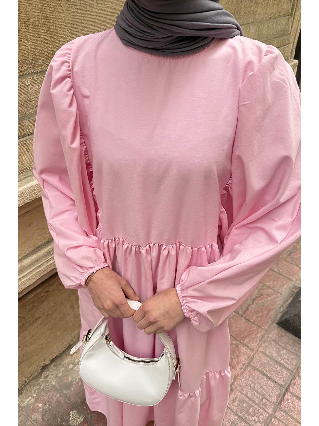 Balon Kol Katlı Yazlık Elbise Şeker Pembesi-2