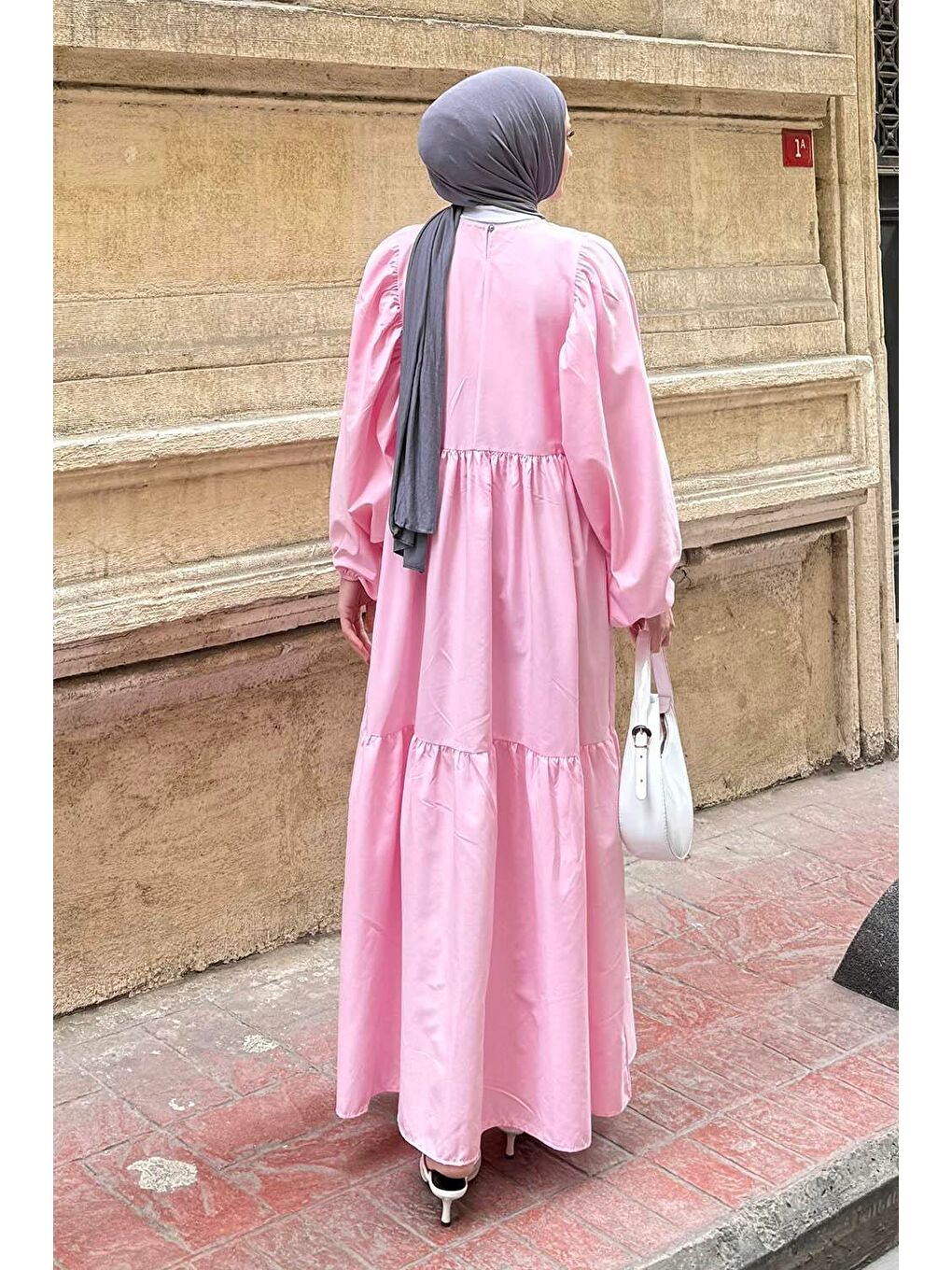 Balon Kol Katlı Yazlık Elbise Şeker Pembesi-3