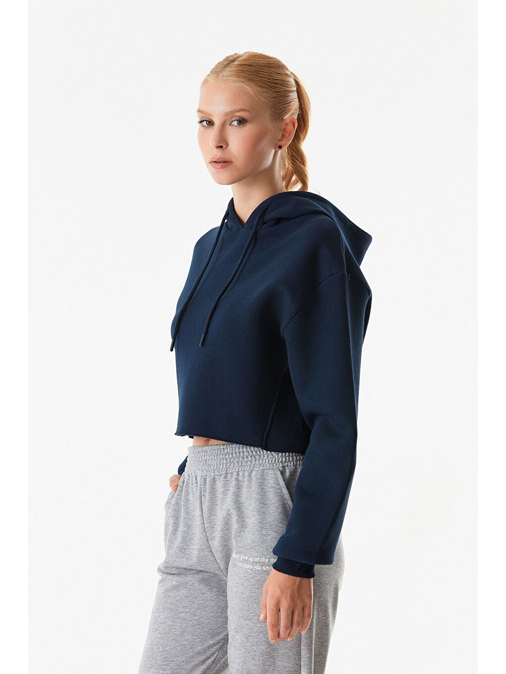 Fullamoda Lacivert Basic Kapüşonlu Crop Sweatshirt - 2