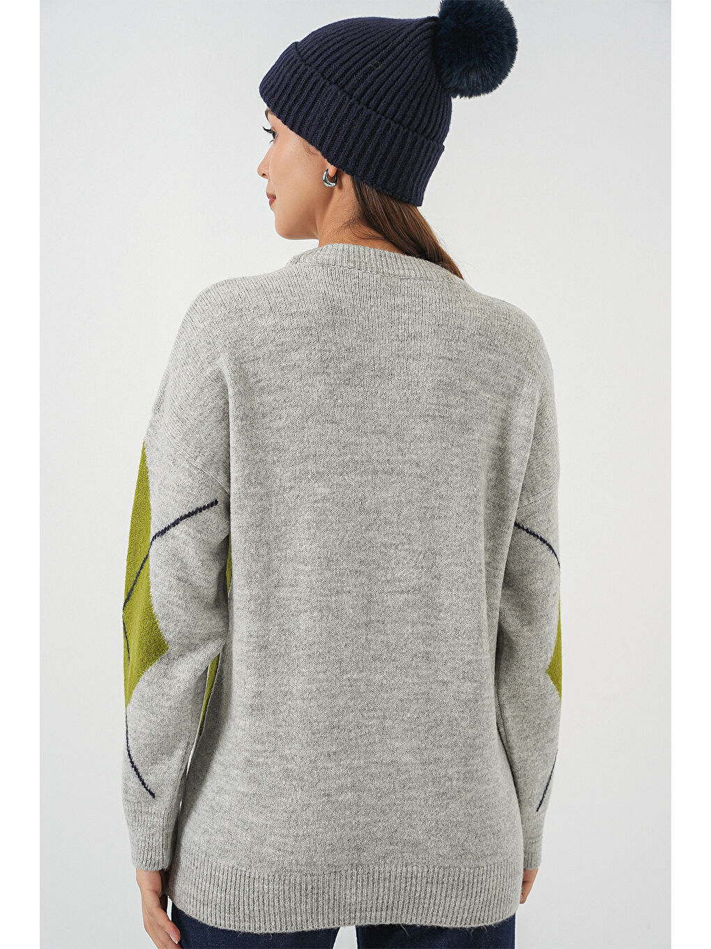 15895 Baklava Desenli Oversize Triko Kazak - C.Gri-5