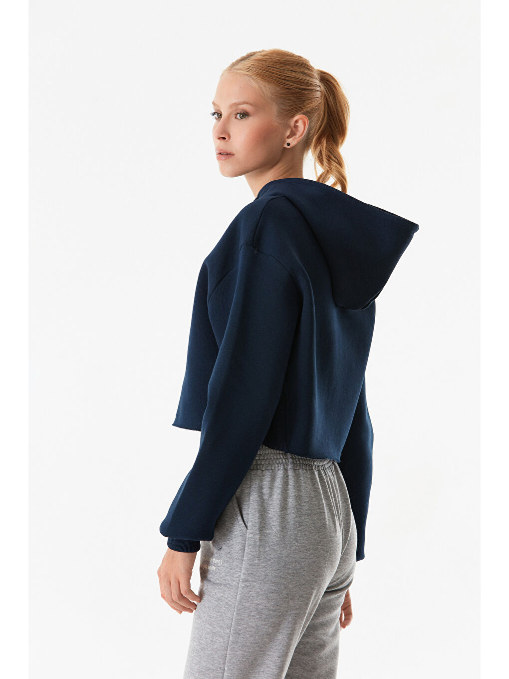 Fullamoda Lacivert Basic Kapüşonlu Crop Sweatshirt - 3