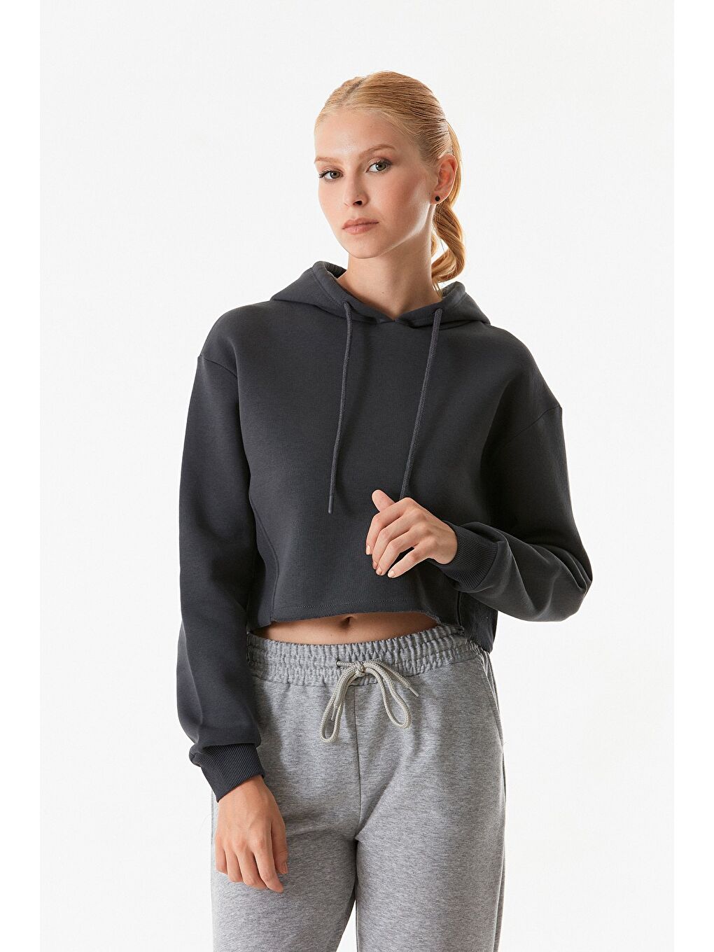 Fullamoda Füme Basic Kapüşonlu Crop Sweatshirt