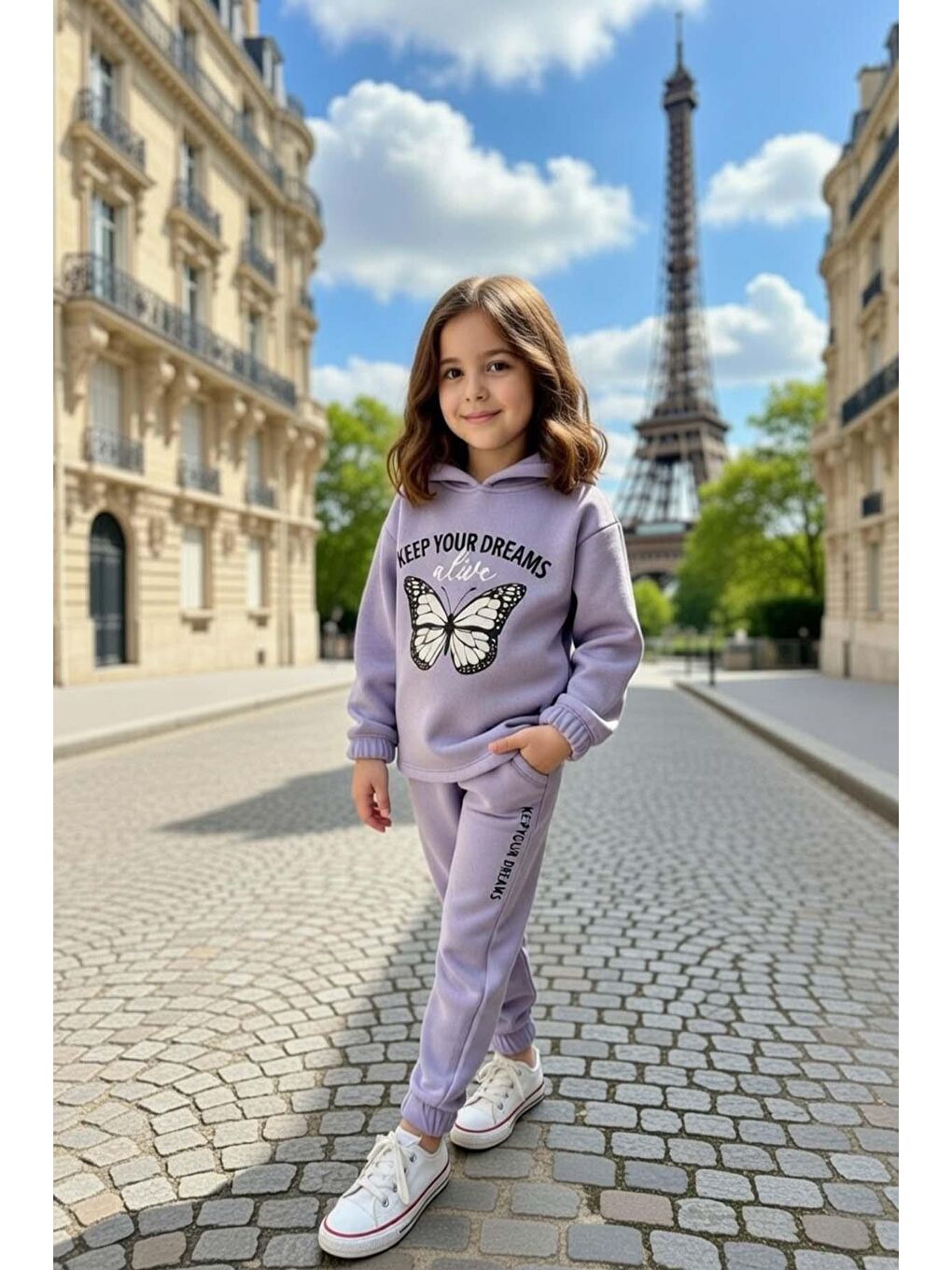 Kız Çocuk Üzeri Kara Kalem Kelebek Baskı ve Yazı Detaylı Sweat Paçası Lastikli Lila Eşofman Takım