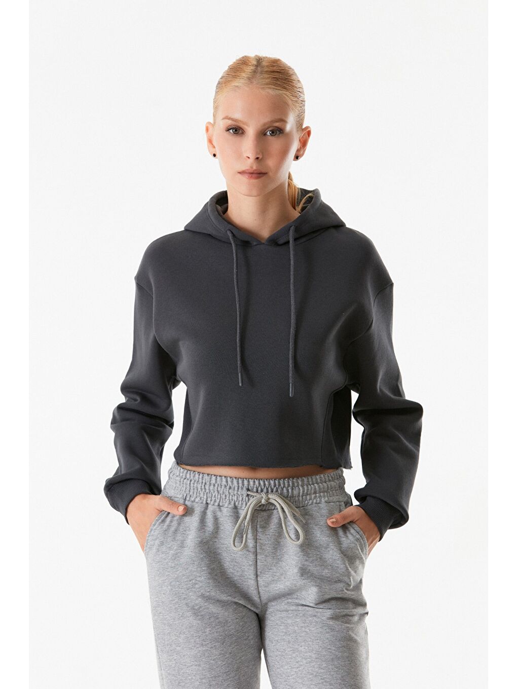 Fullamoda Füme Basic Kapüşonlu Crop Sweatshirt - 1