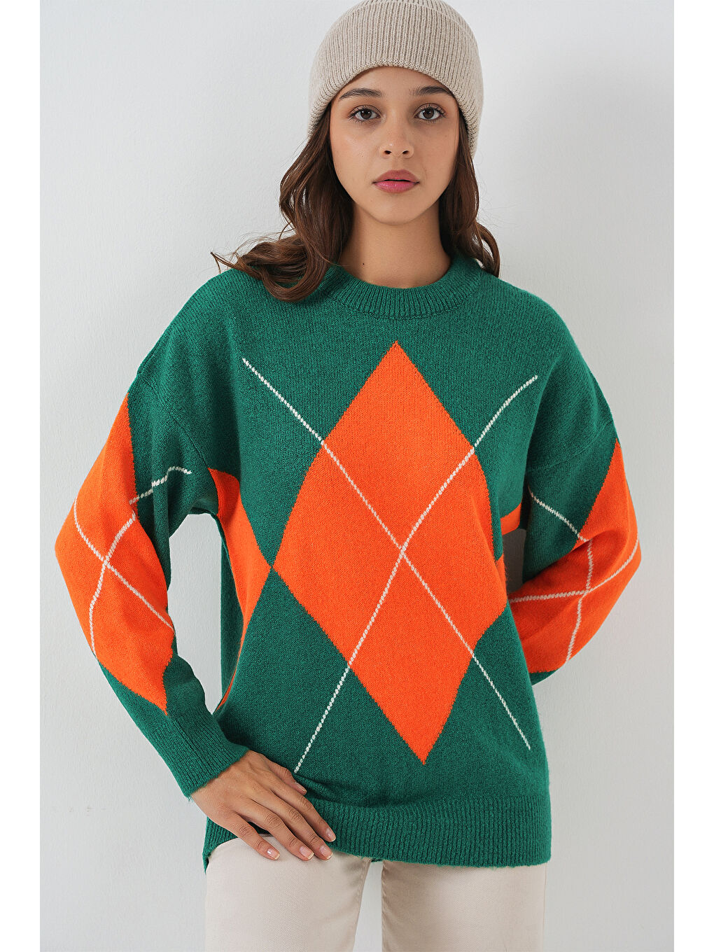 Turkuaz 15895 Baklava Desenli Oversize Triko Kazak - A. Zümrüt Yeşili