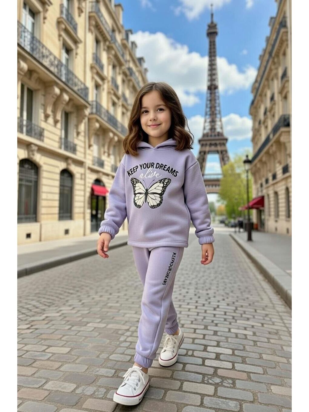 Kız Çocuk Üzeri Kara Kalem Kelebek Baskı ve Yazı Detaylı Sweat Paçası Lastikli Lila Eşofman Takım-1