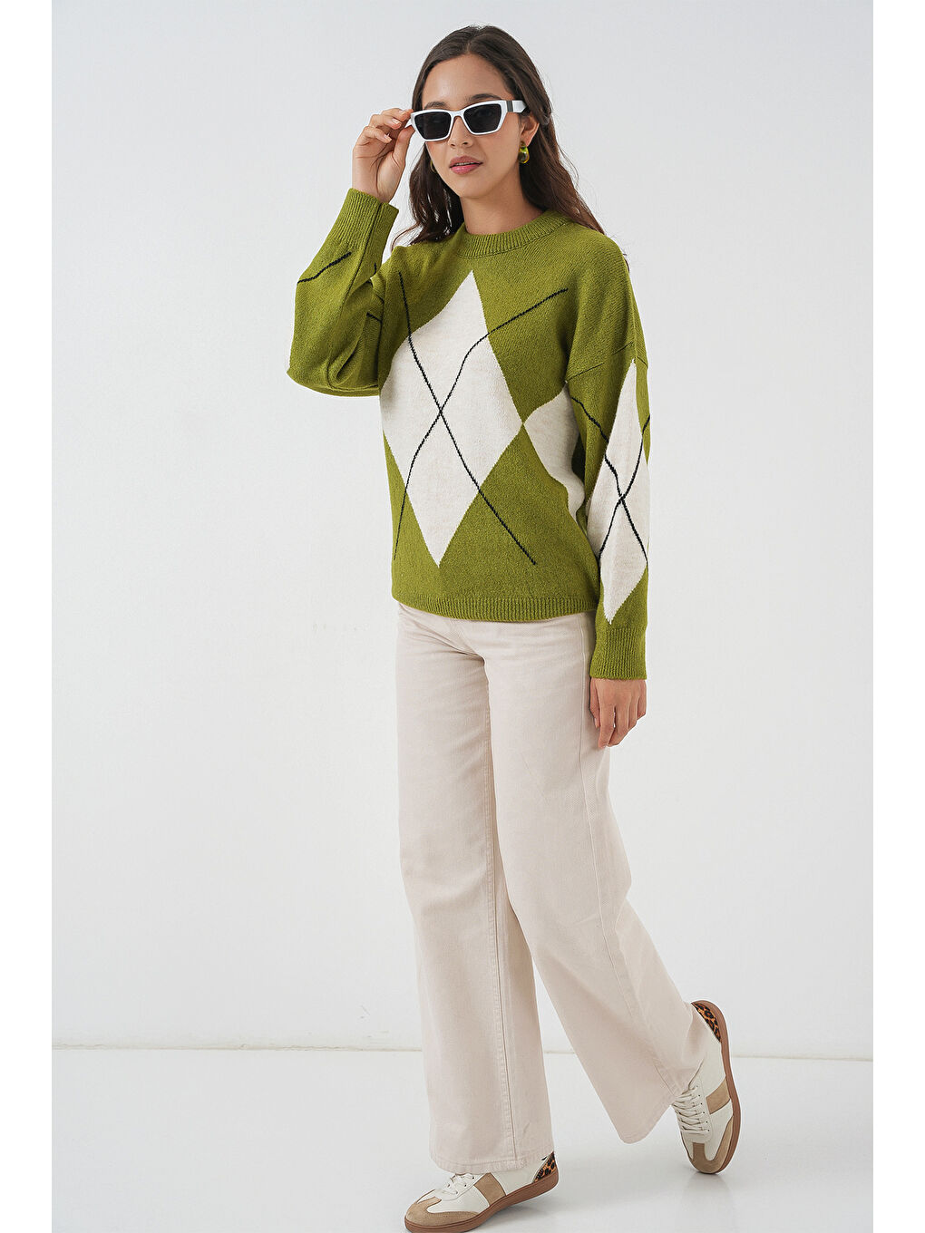 15895 Baklava Desenli Oversize Triko Kazak - E.Yeşil-1